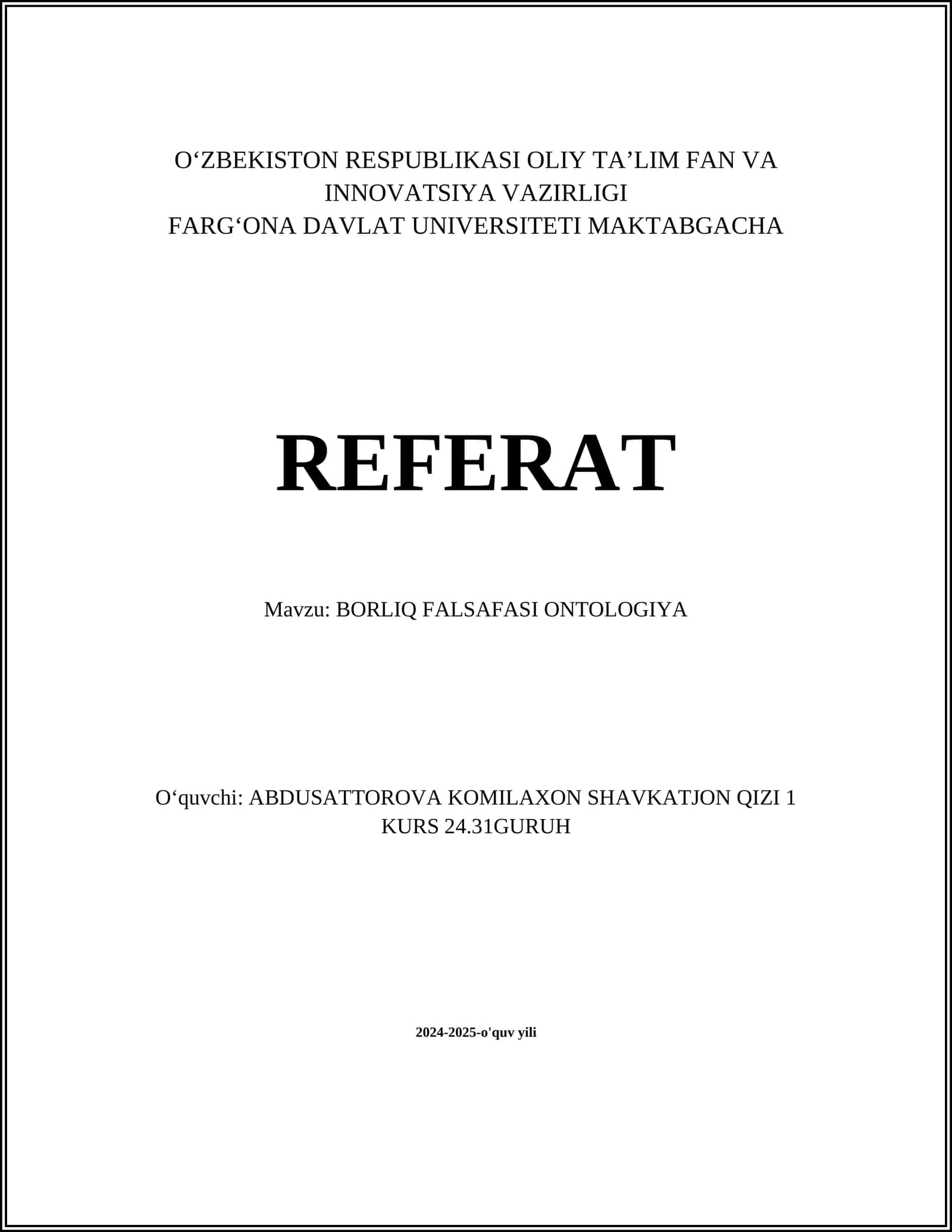 BORLIQ FALSAFASI ONTOLOGIYA