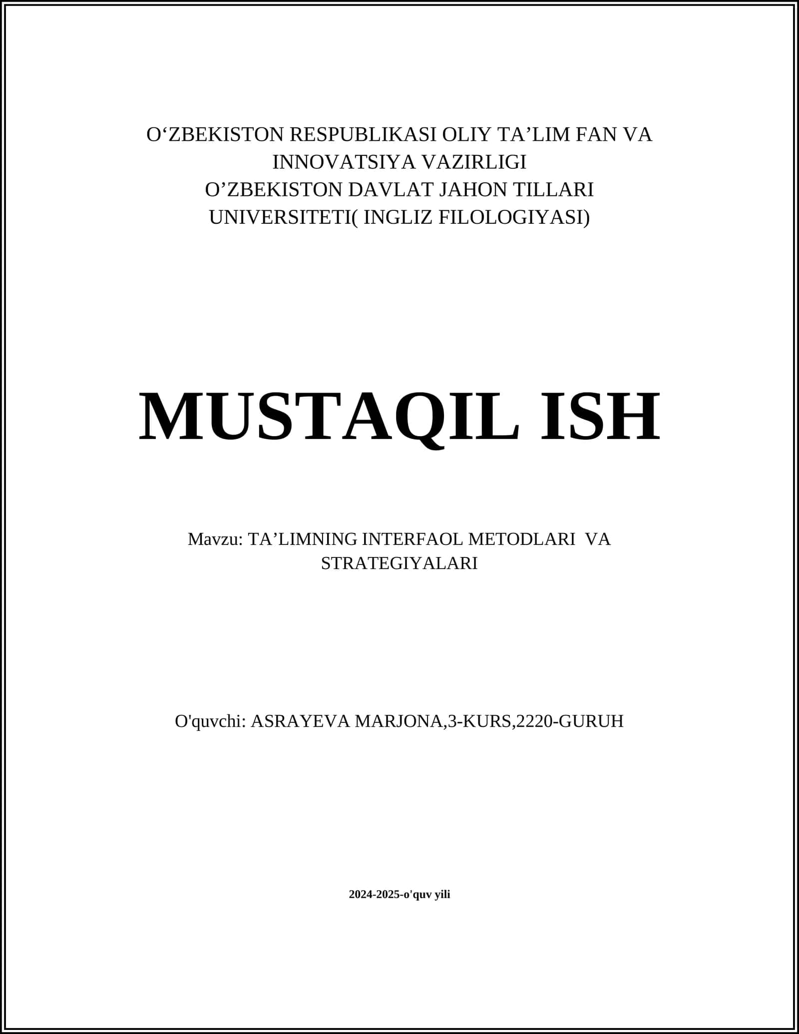 TA’LIMNING INTERFAOL METODLARI VA STRATEGIYALARI