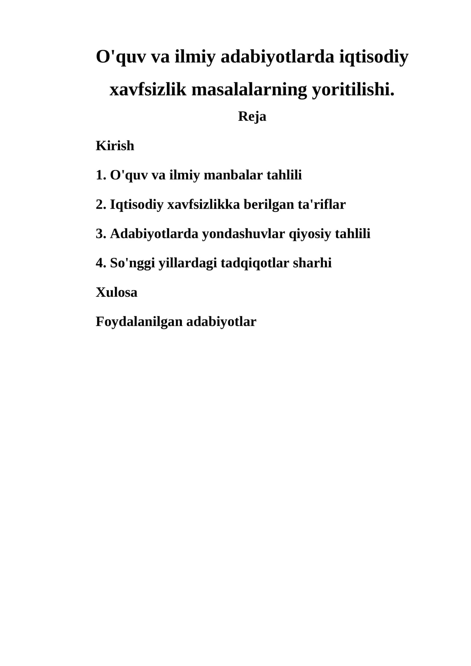 O'quv va ilmiy adabiyotlarda iqtisodiy xavfsizlik masalalarning yoritilishi