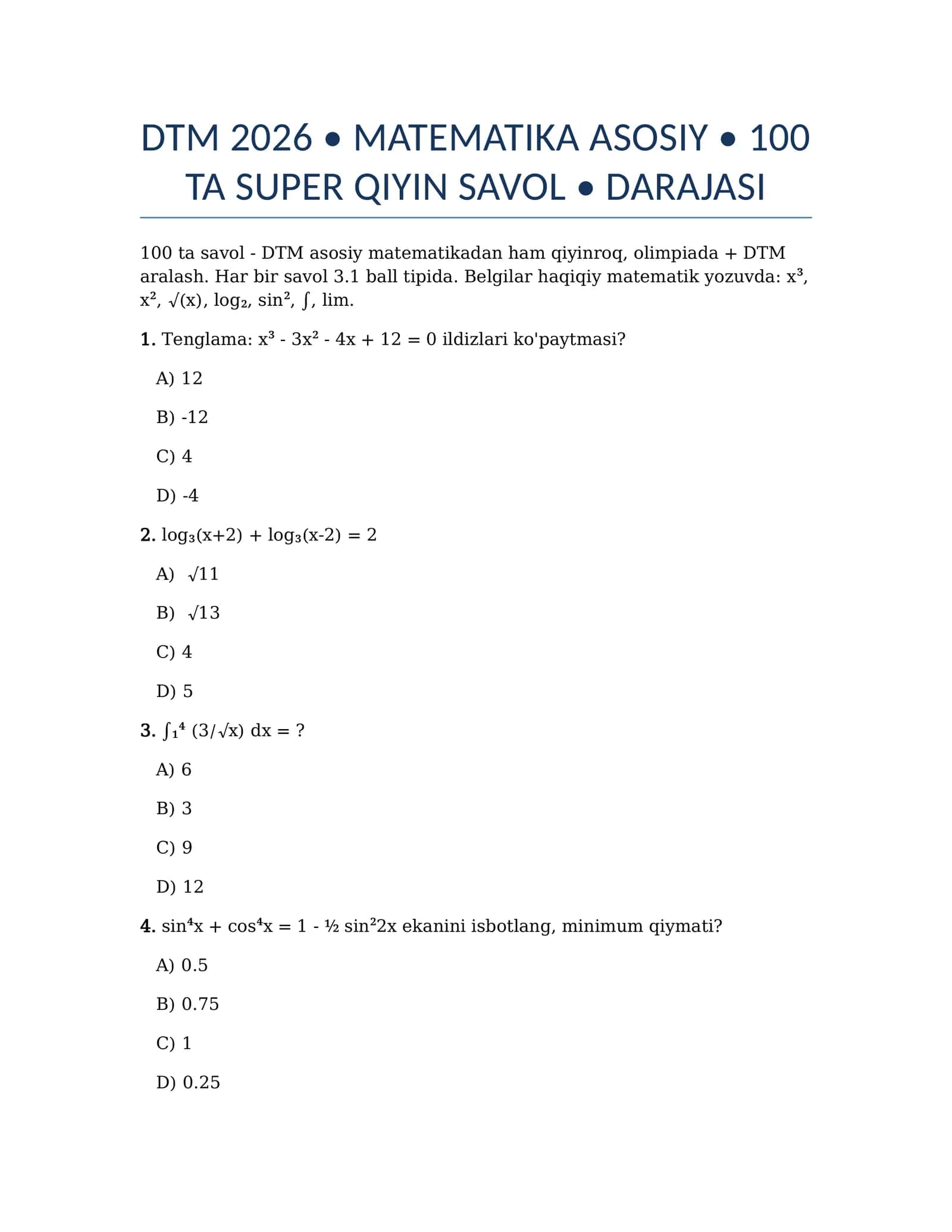 DTM 2026 • MATEMATIKA ASOSIY • 100 TA SAVOL