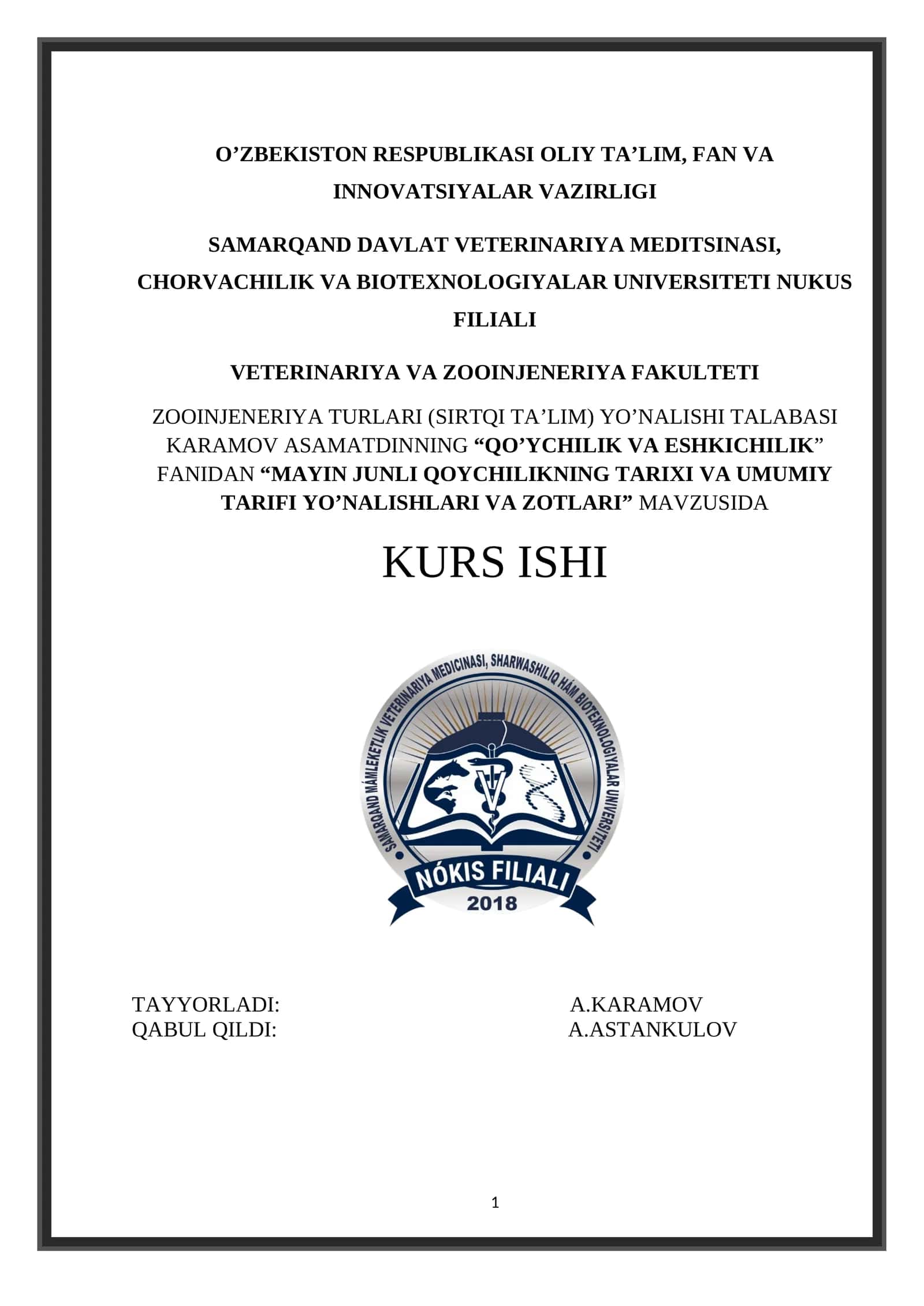 MAYIN JUNLI QOYCHILIKNING TARIXI VA UMUMIY TARIFI YO’NALISHLARI VA ZOTLARI