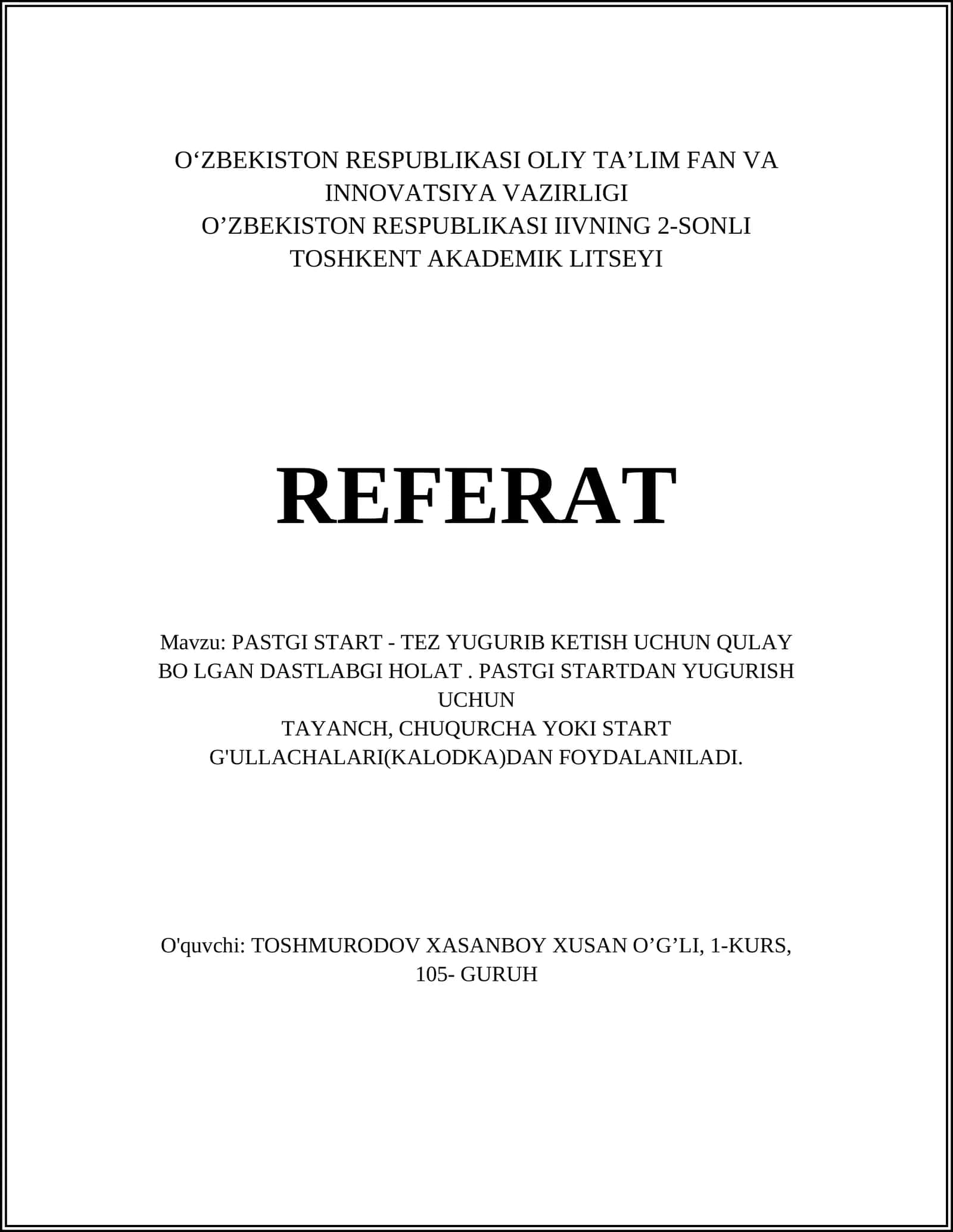 PASTGI START - TEZ YUGURIB KETISH UCHUN QULAY