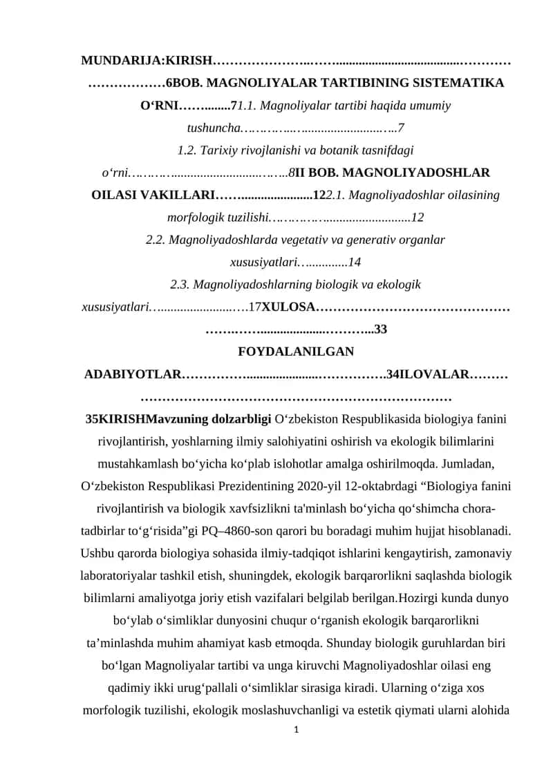 AYIQTOVON KABILAR SINFCHASI (RANUNCULIDAE) TUZULISHI VA KÒPAYISHI