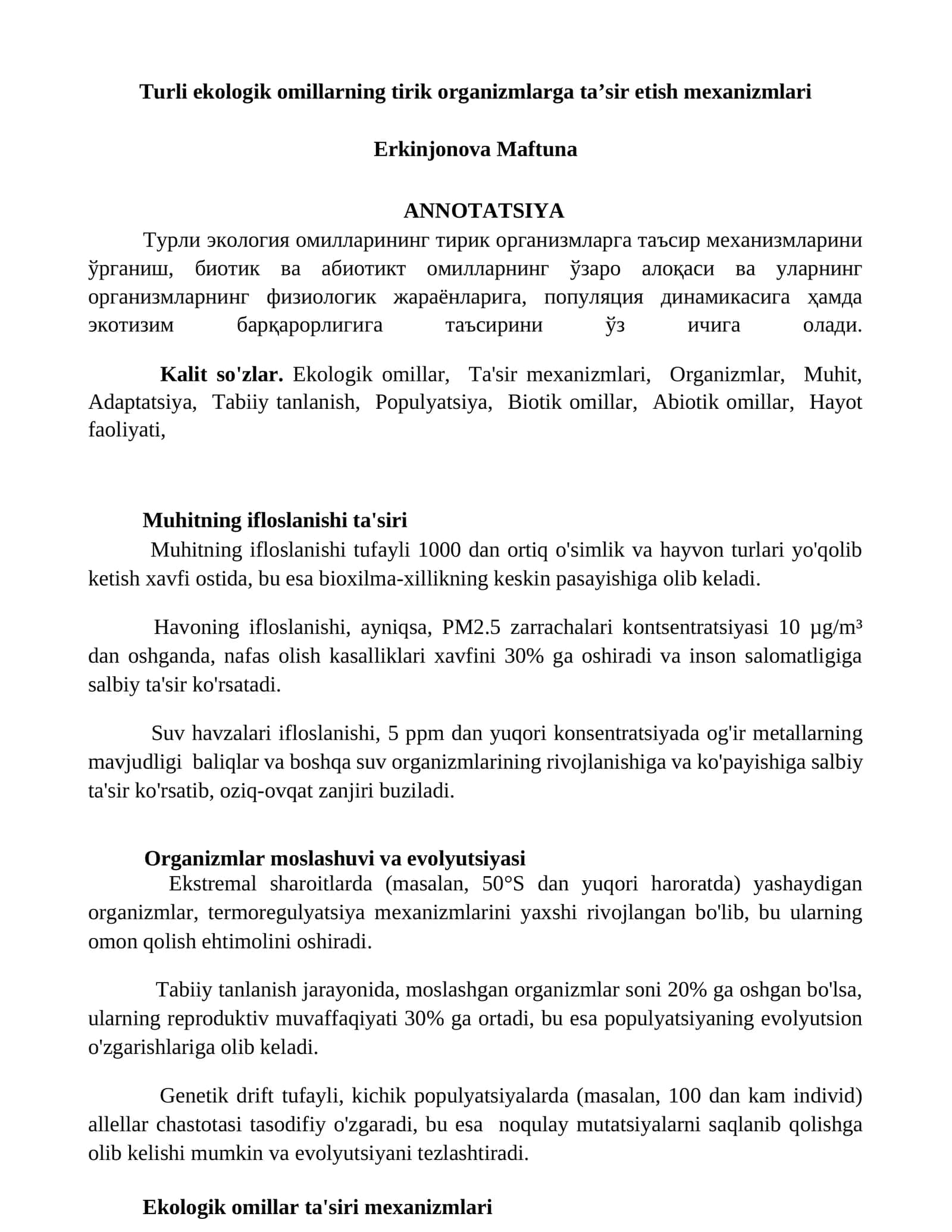 Turli ekologik omillarning tirik organizmlarga ta’sir etish mexanizmlari