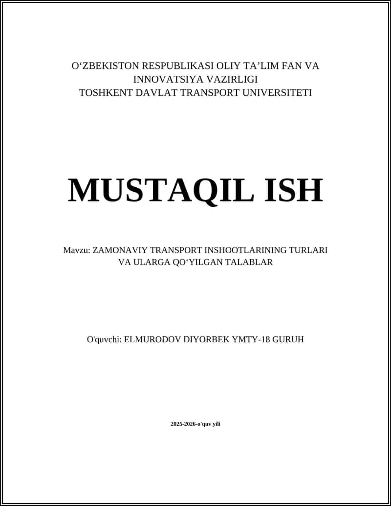 Yo‘l Inshootlari: tasnifi va loyihalash talablar