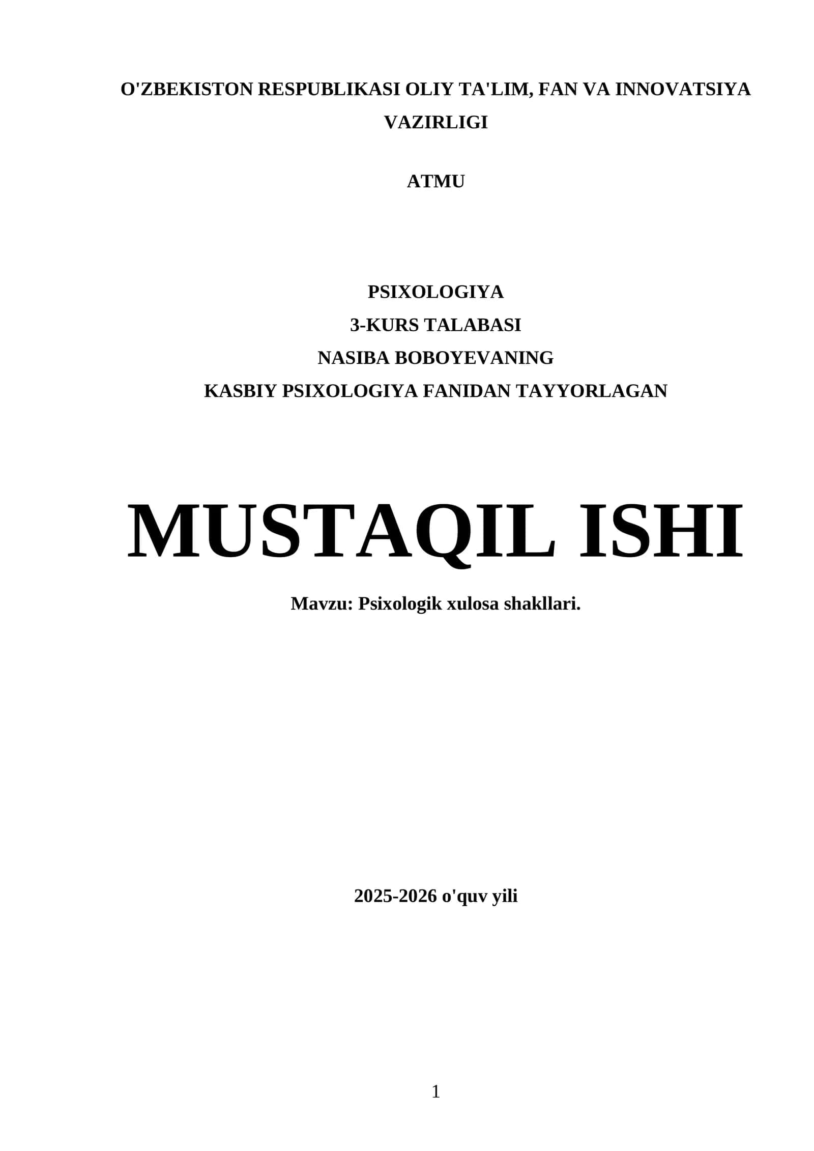 Psixologiya fanidan tayyorlagan mustaqil ish