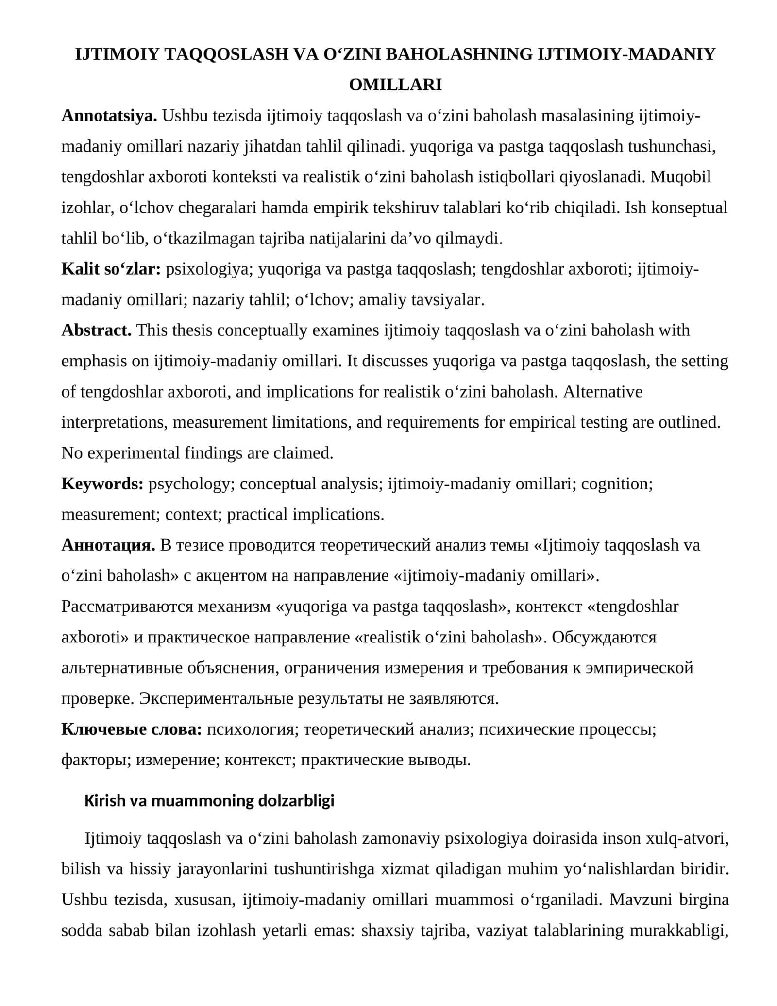 IJTIMOIY TAQQOSLASH VA O‘ZINI BAHOLASHNING IJTIMOIY-MADANIY OMILLARI
