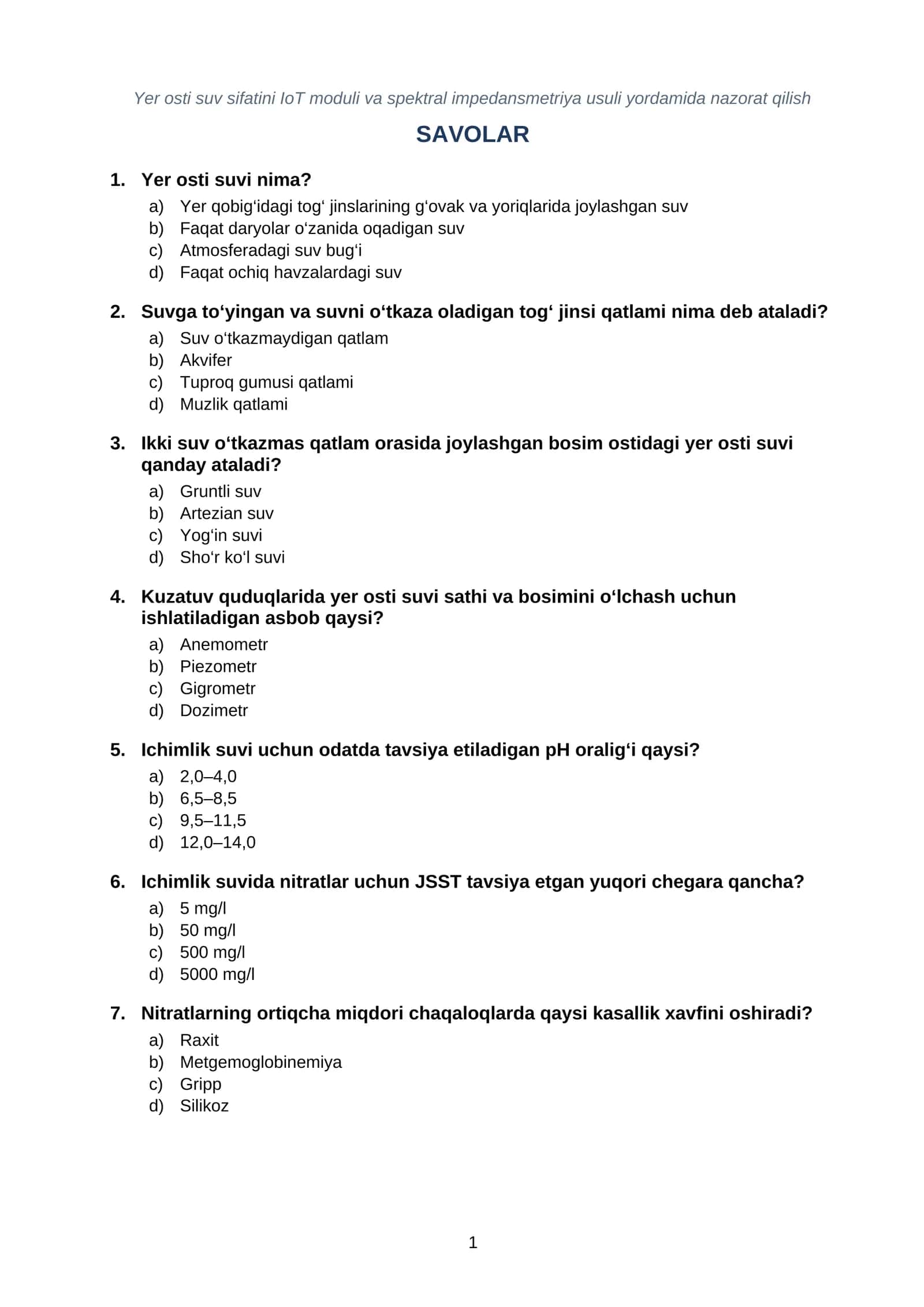 Yer osti suvini IoT moduli va spektral impedansmetriya usuli yordamida nazorat qilish