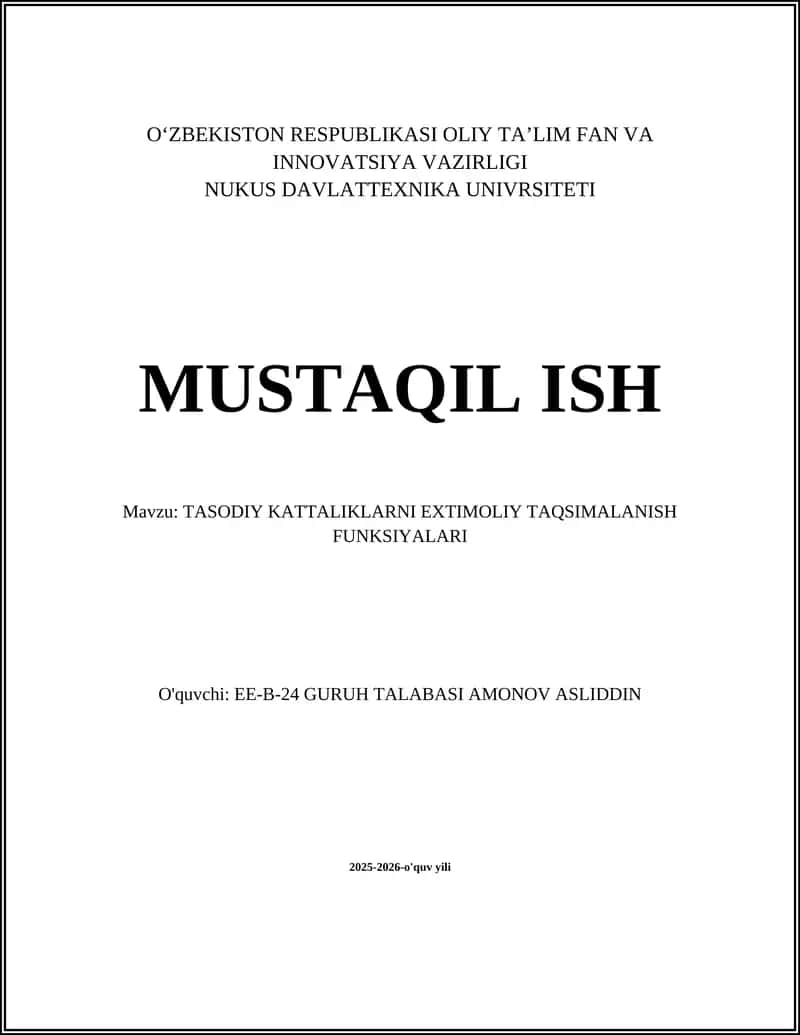 TASODIY KATTALIKLARNI EXTIMOLIY TAQSIMALANISH FUNKSIYALARI