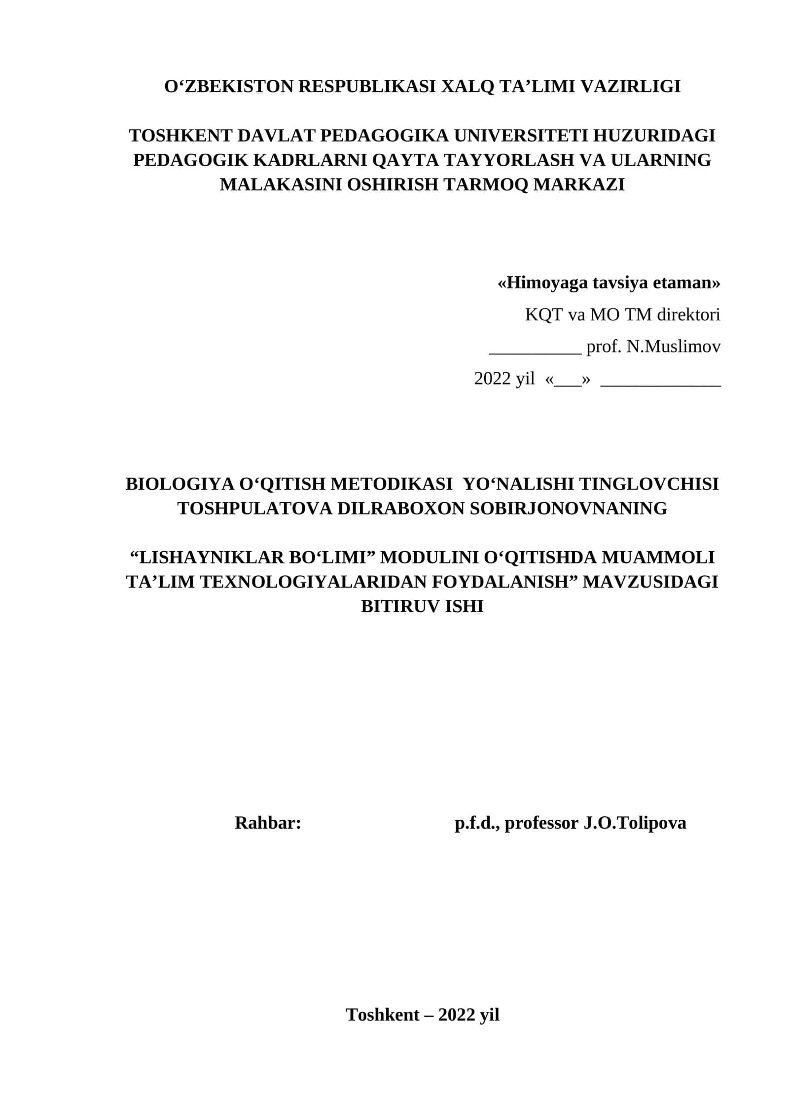 BIOLOGIYA O‘QITISH METODIKASI YO‘NALISHI TINGLOVCHISI
