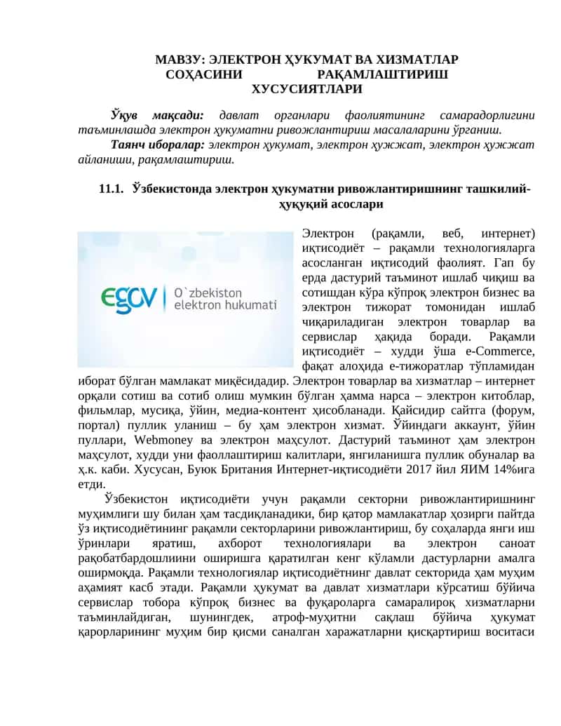 электрон ҳукумат ва хизматлар соҳасини рақамлаштириш хусусиятлари