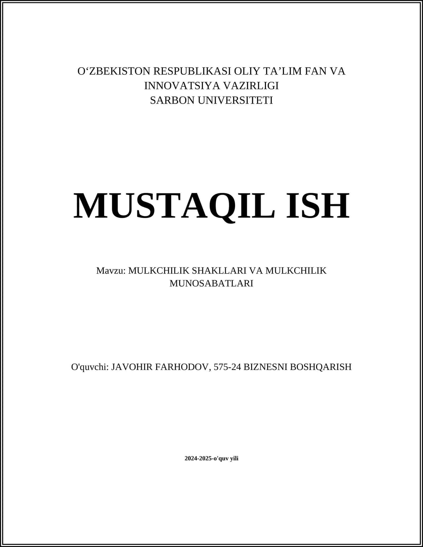 MULKCHILIK SHAKLLARI VA MULKCHILIK MUNOSABATLARI