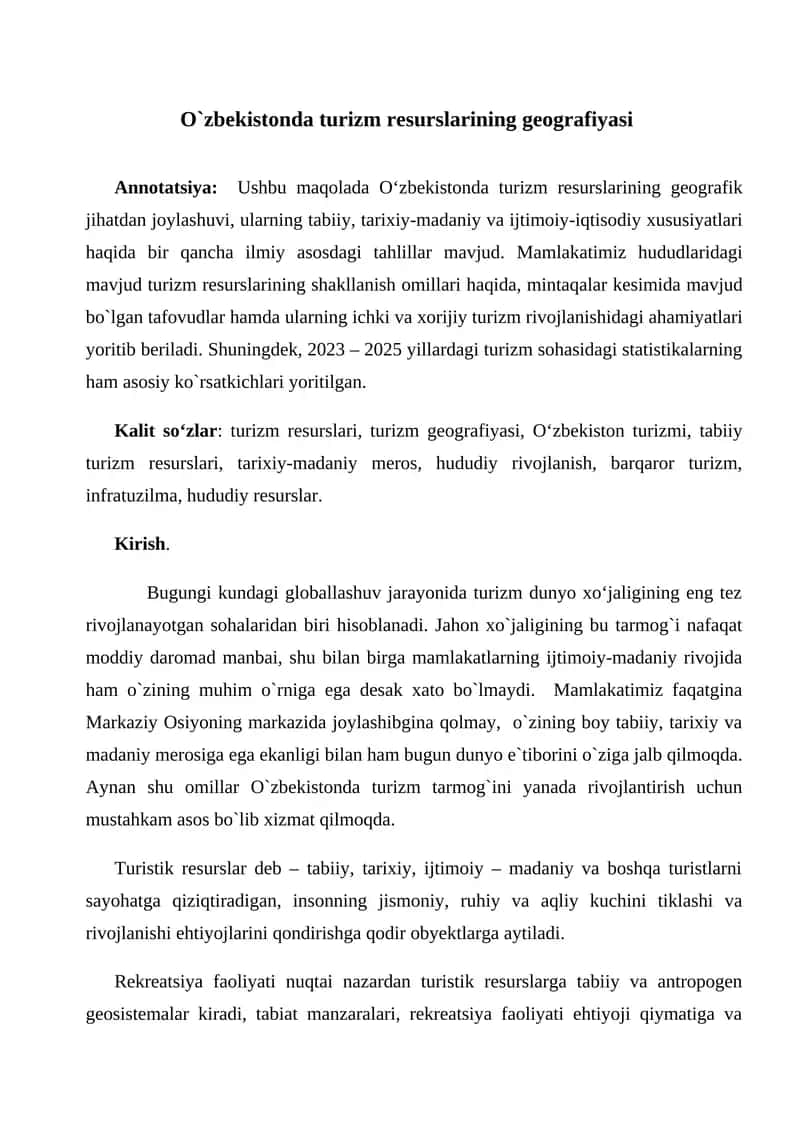 O`zbekistonda turizm resurslarining geografiyasi