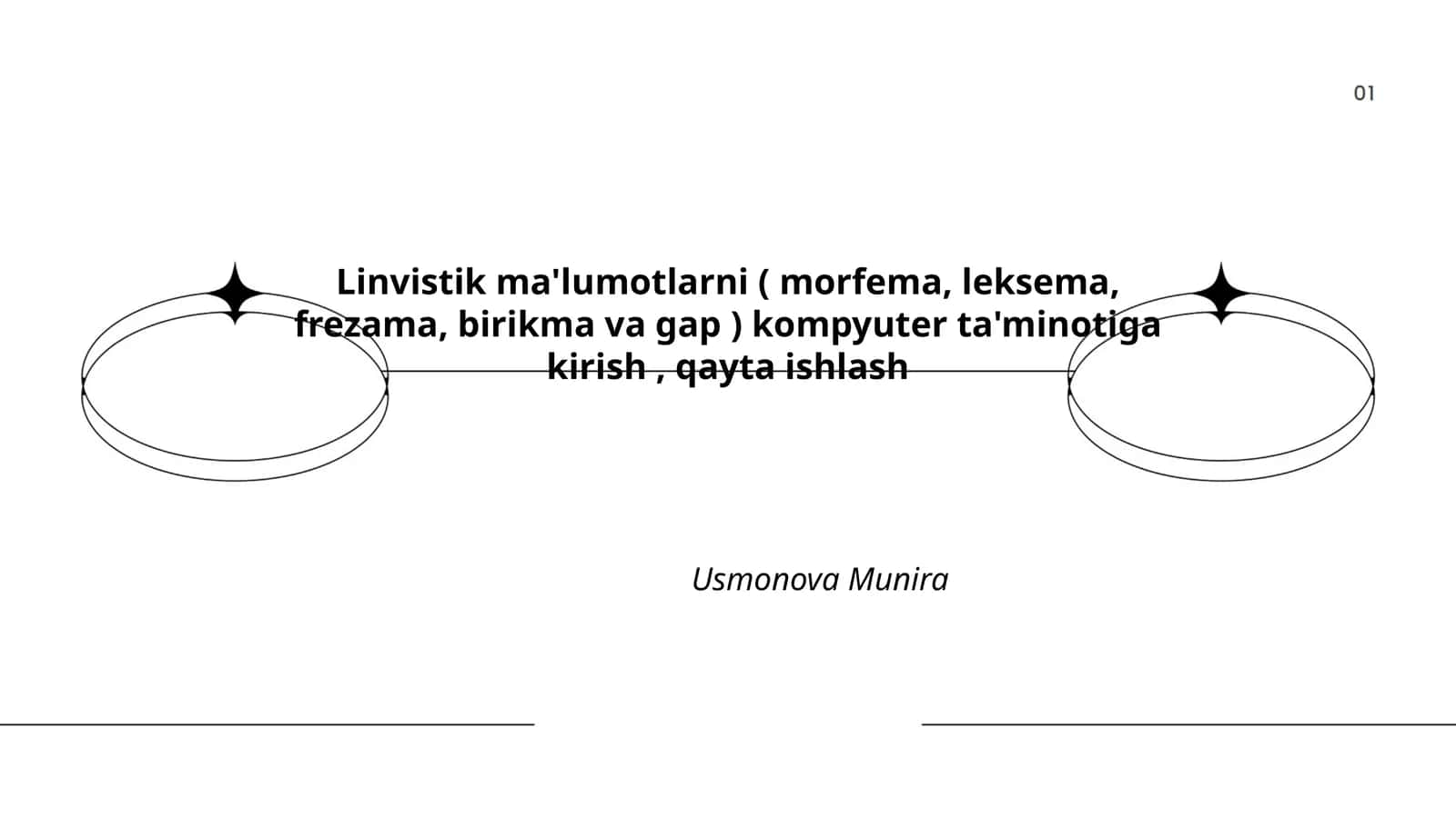 Linvistik ma'lumotlarni ( morfema, leksema, frezama, birikma va gap ) kompyuter ta'minotiga kirish, qayta ishlash