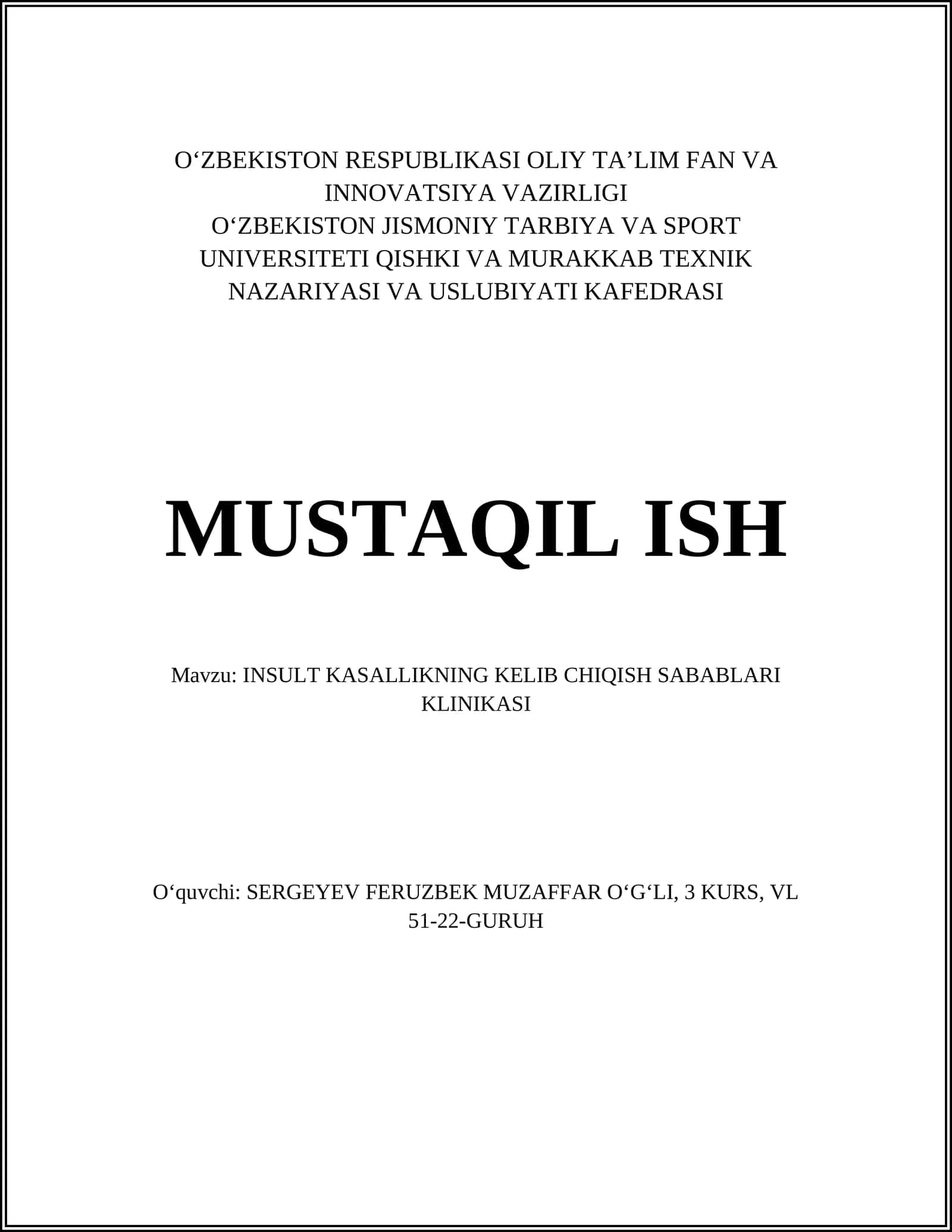 INSULT KASALLIKNING KELIB CHIQISH SABABLARI KLINIKASI