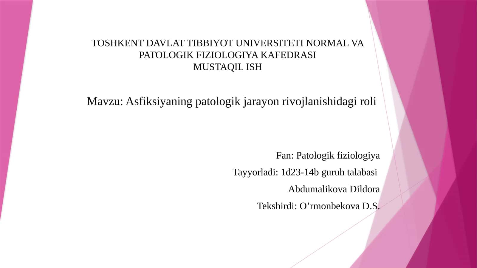 Asfiksiyaning patologik jarayon rivojlanishi