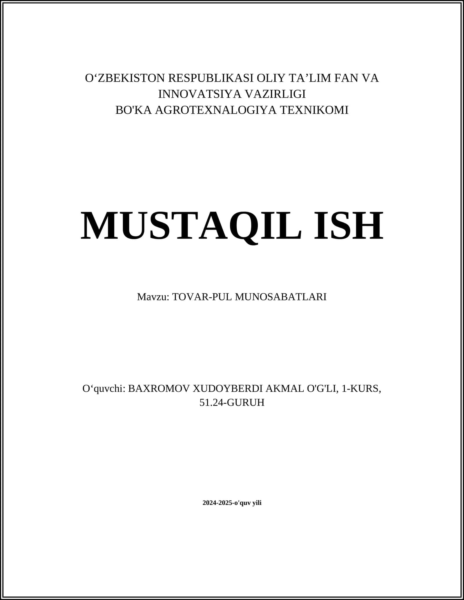 TOVAR-PUL MUNOSABATLARI