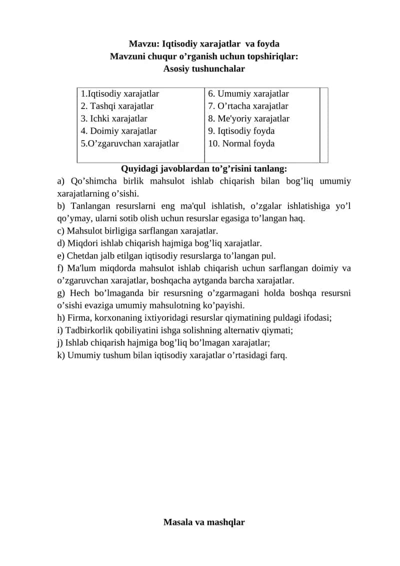 Iqtisodiy xarajatlar va foyda