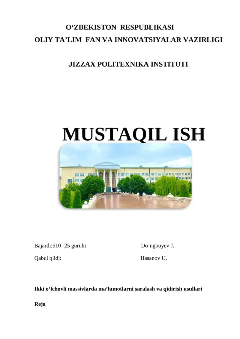 Ikki o‘lchovli massivlarda ma’lumotlarni saralash va qidirish usullari