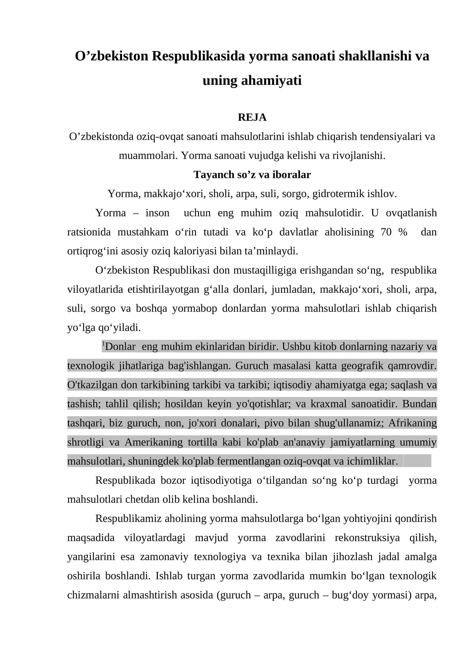 O’zbekiston Respublikasida yorma sanoati shakllanishi va uning ahamiyati