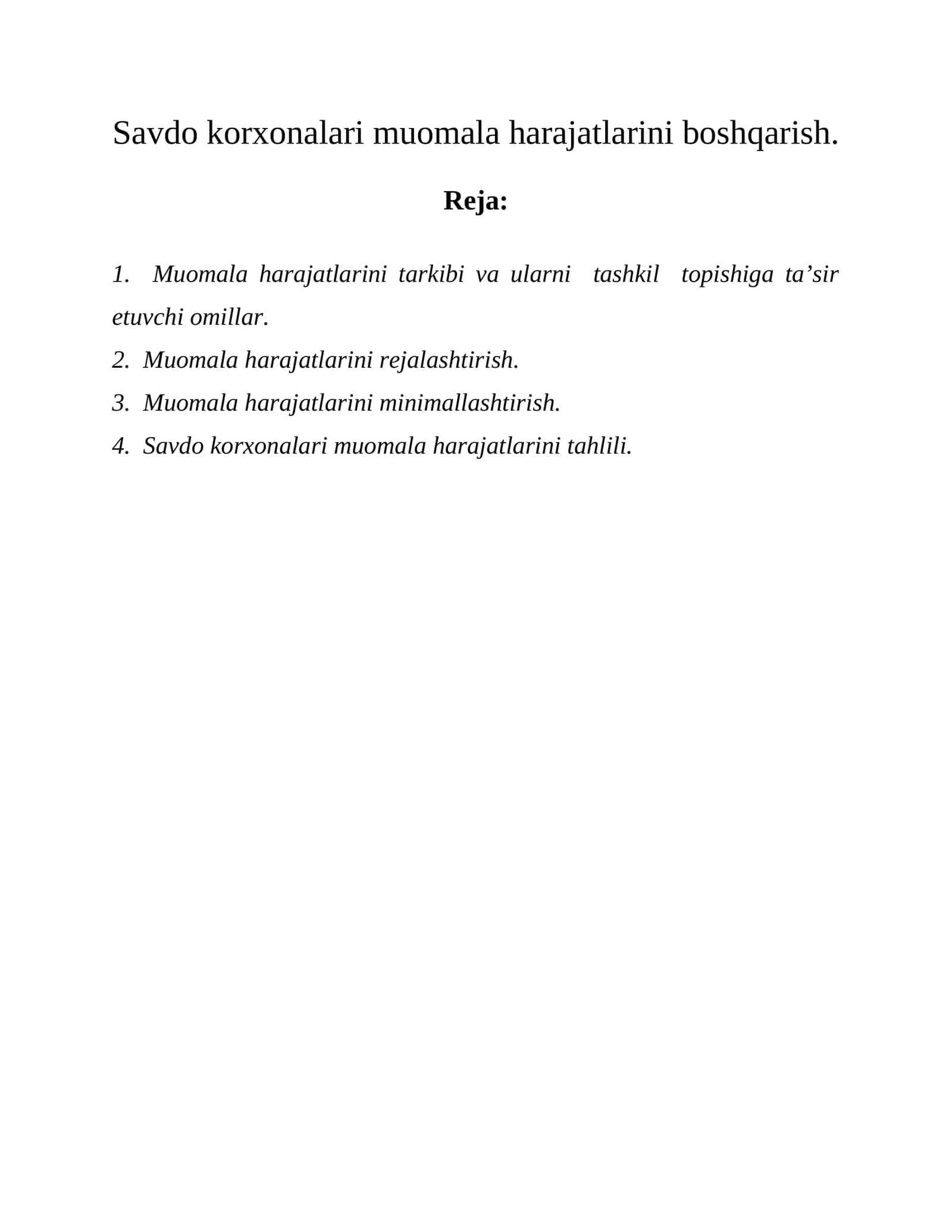 Savdo korxonalari muomala harajatlarini boshqarish