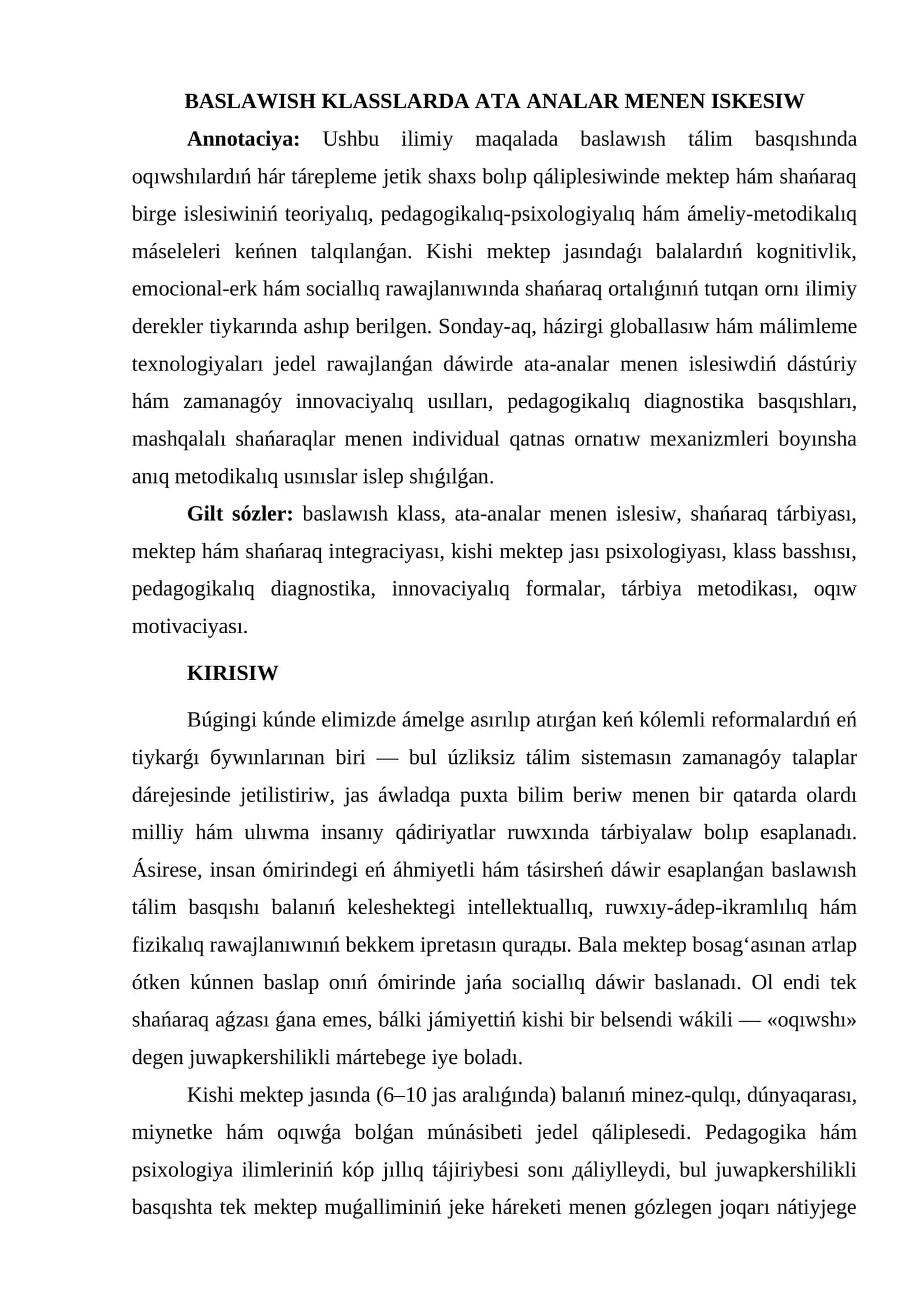BASLAWISH KLASSLARDA ATA ANALAR MENEN ISKESIW