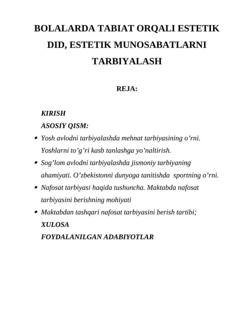 BOLALARDA TABIAT ORQALI ESTETIK DID, ESTETIK MUNOSABATLARNI TARBIYALASH