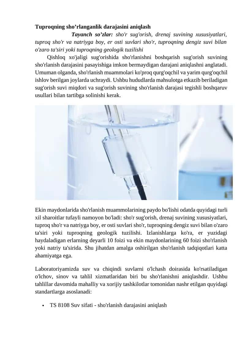 Tuproqning sho’rlanganlik darajasini aniqlash