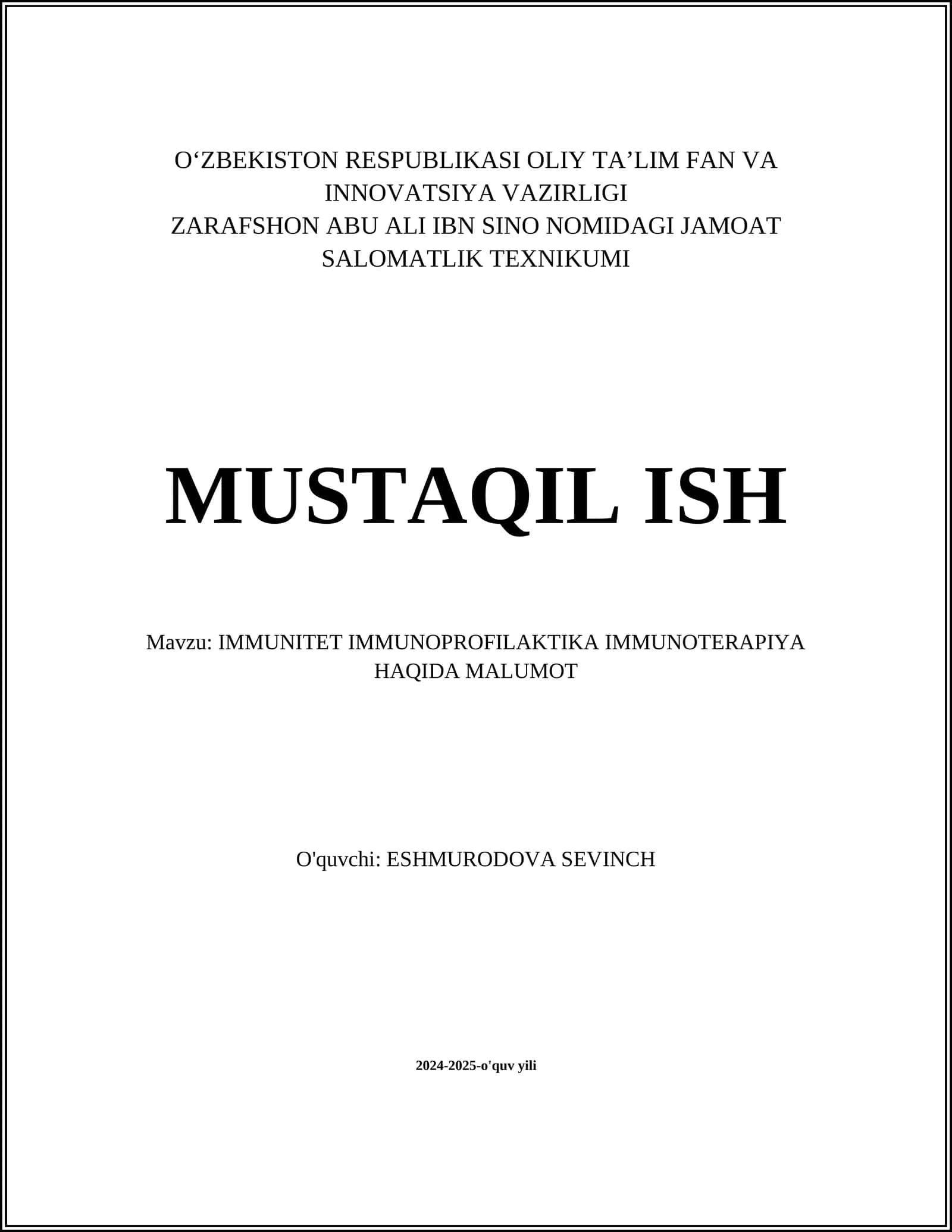 IMMUNITET IMMUNOPROFILAKTIKA IMMUNOTERAPIYA HAQIDA MALUMOT