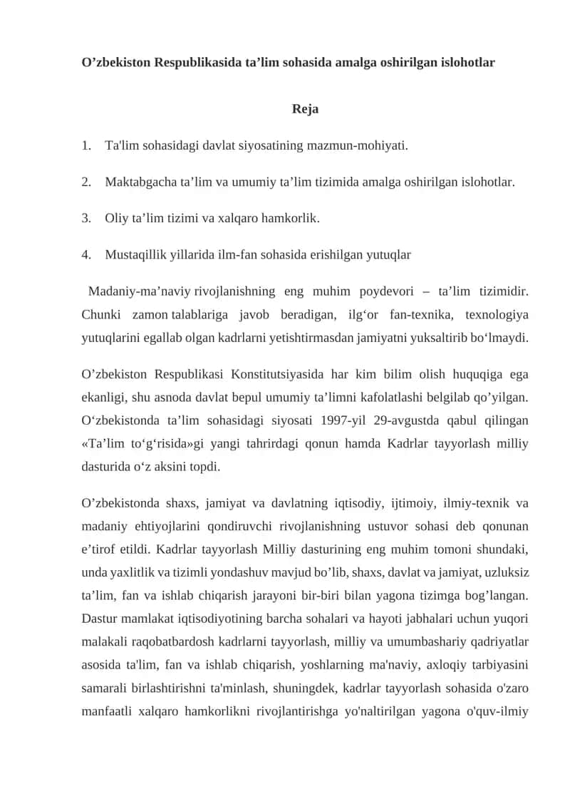 Ta'lim sohasidagi islohotlar
