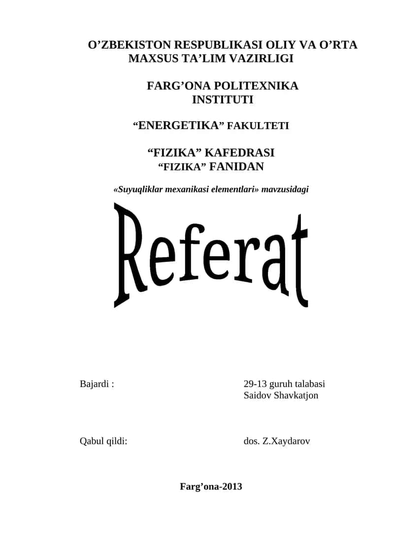 Suyuqliklar mexanikasi elementlari