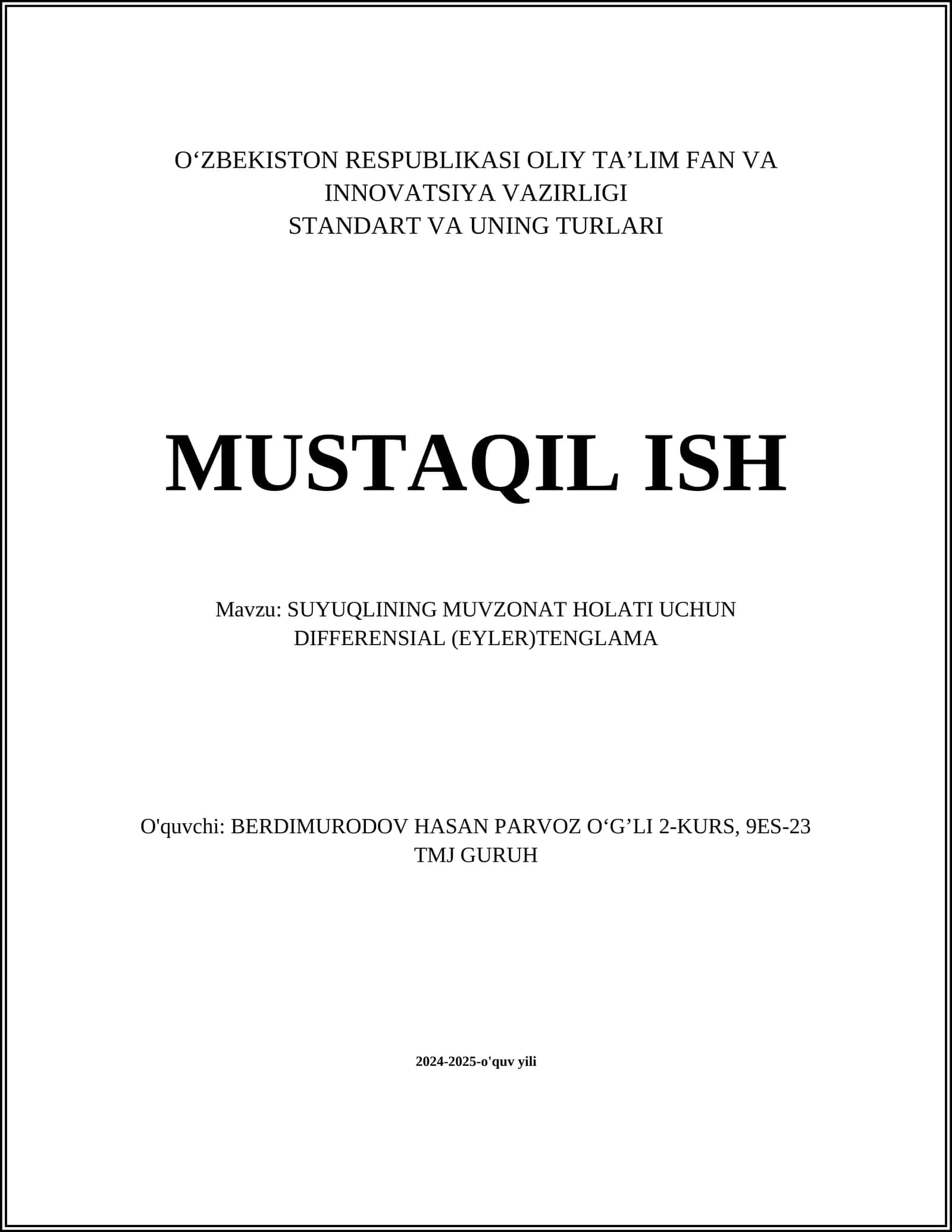 SUYUQLINING MUVZONAT HOLATI UCHUN DIFFERENSIAL (EYLER)TENGLAMA