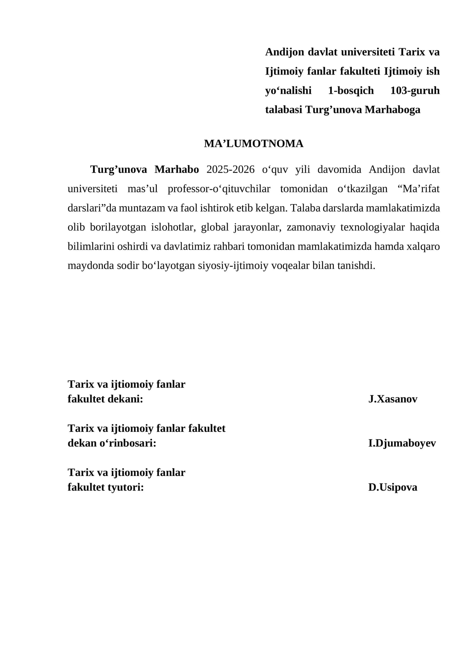 Ma’rifat darslari talabasi Turg’unova Marhaboga