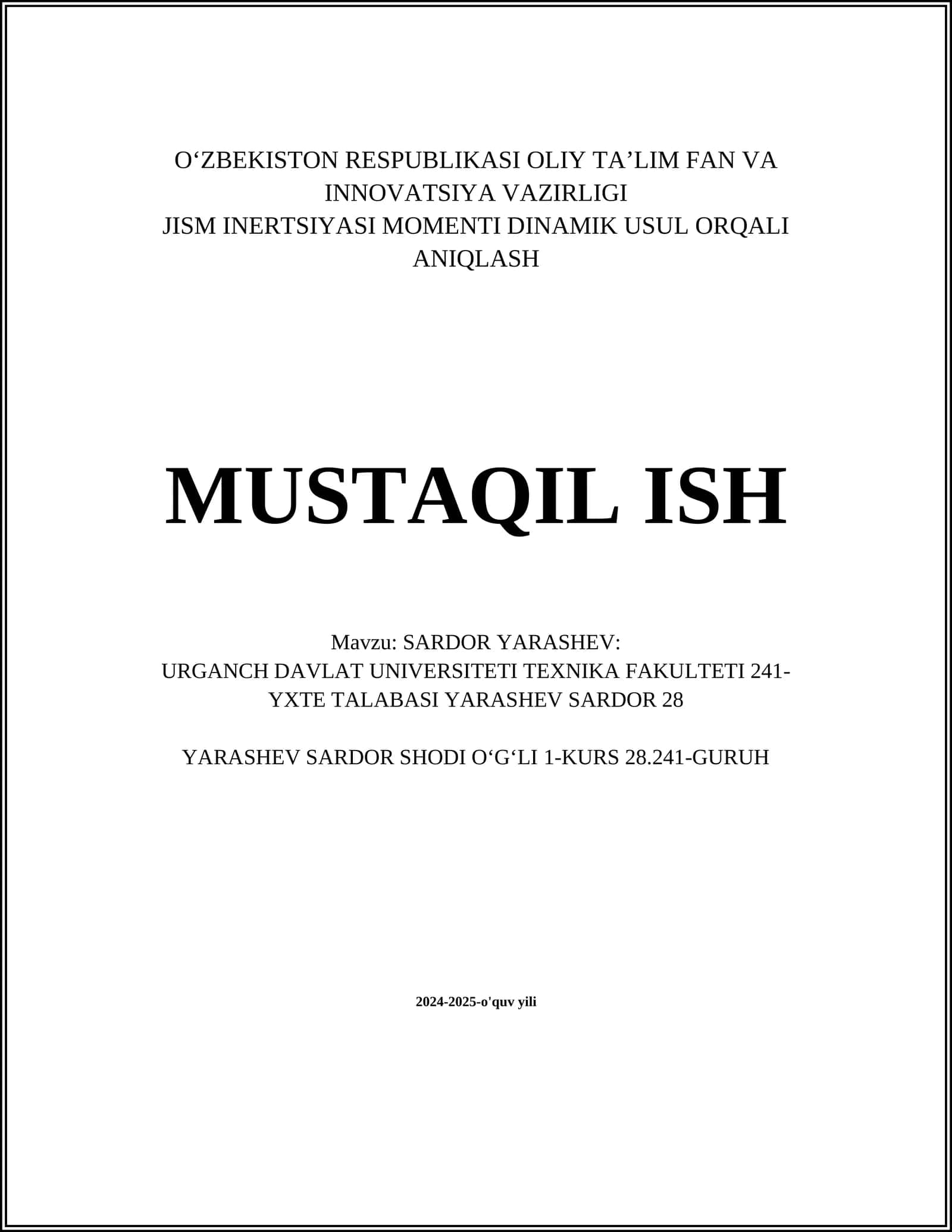JISM INERTSIYASI MOMENTI DINAMIK USUL ORQALI ANIQLASH