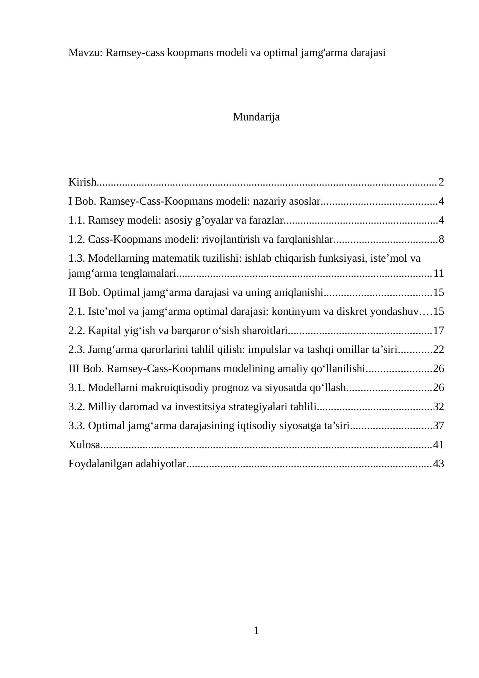 Ramsey-cass koopmans modeli va optimal jamg'arma darajasi