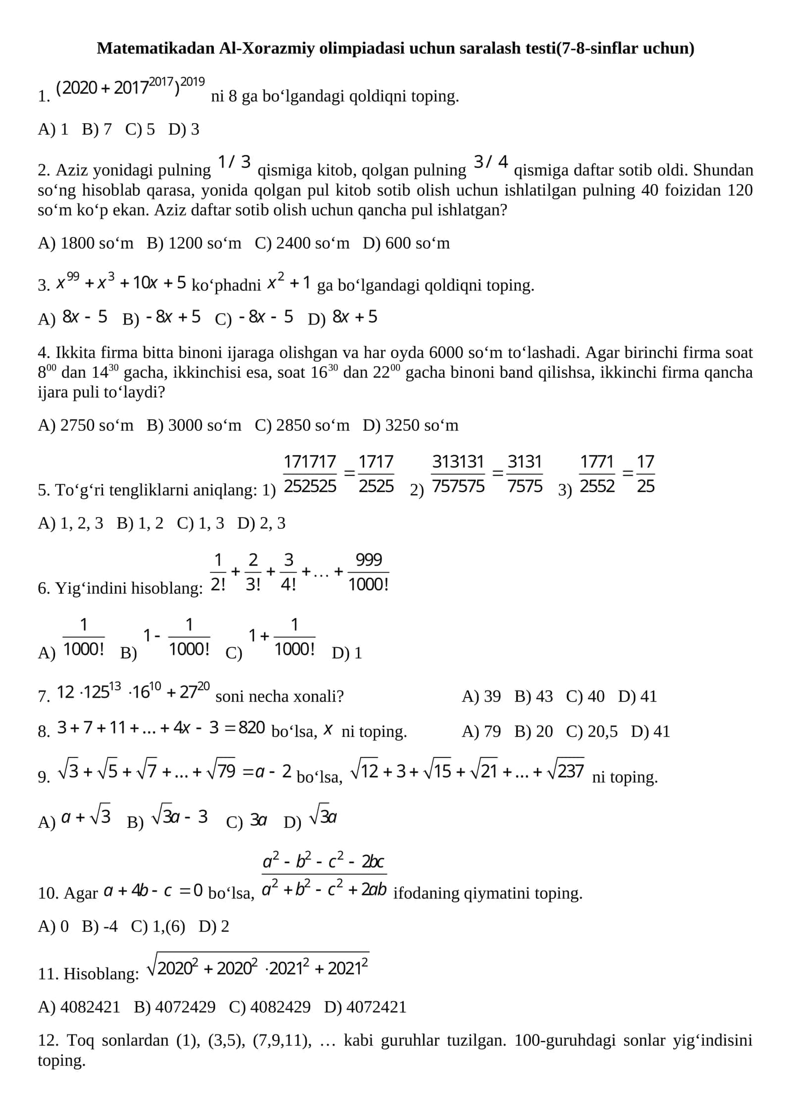 Al-Xorazmiy olimpiadasi Matematika testi