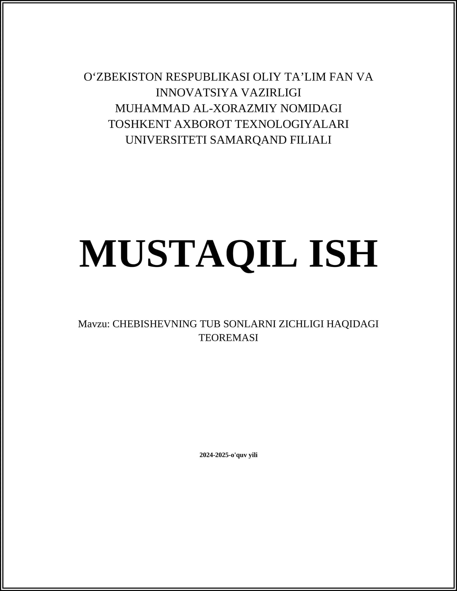 CHEBISHEVNING TUB SONLARNI ZICHLIGI HAQIDAGI TEOREMASI