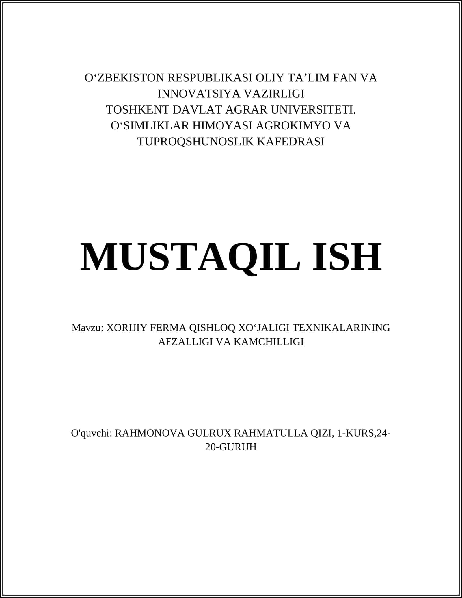 XORIJIY FERMA QISHLOQ XOʻJALIGI TEXNIKALARINING AFZALLIGI VA KAMCHILLIGI