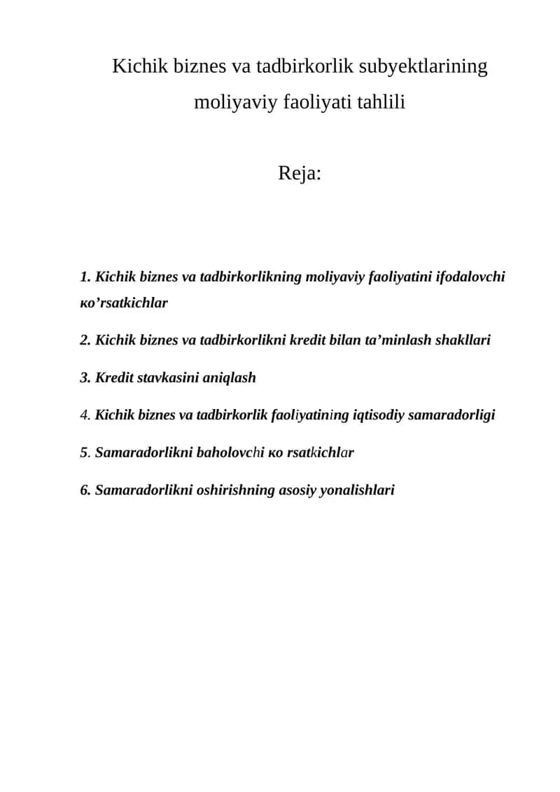 Kichik biznes va tadbirkorlik subyektlarining moliyaviy faoliyati tahlili
