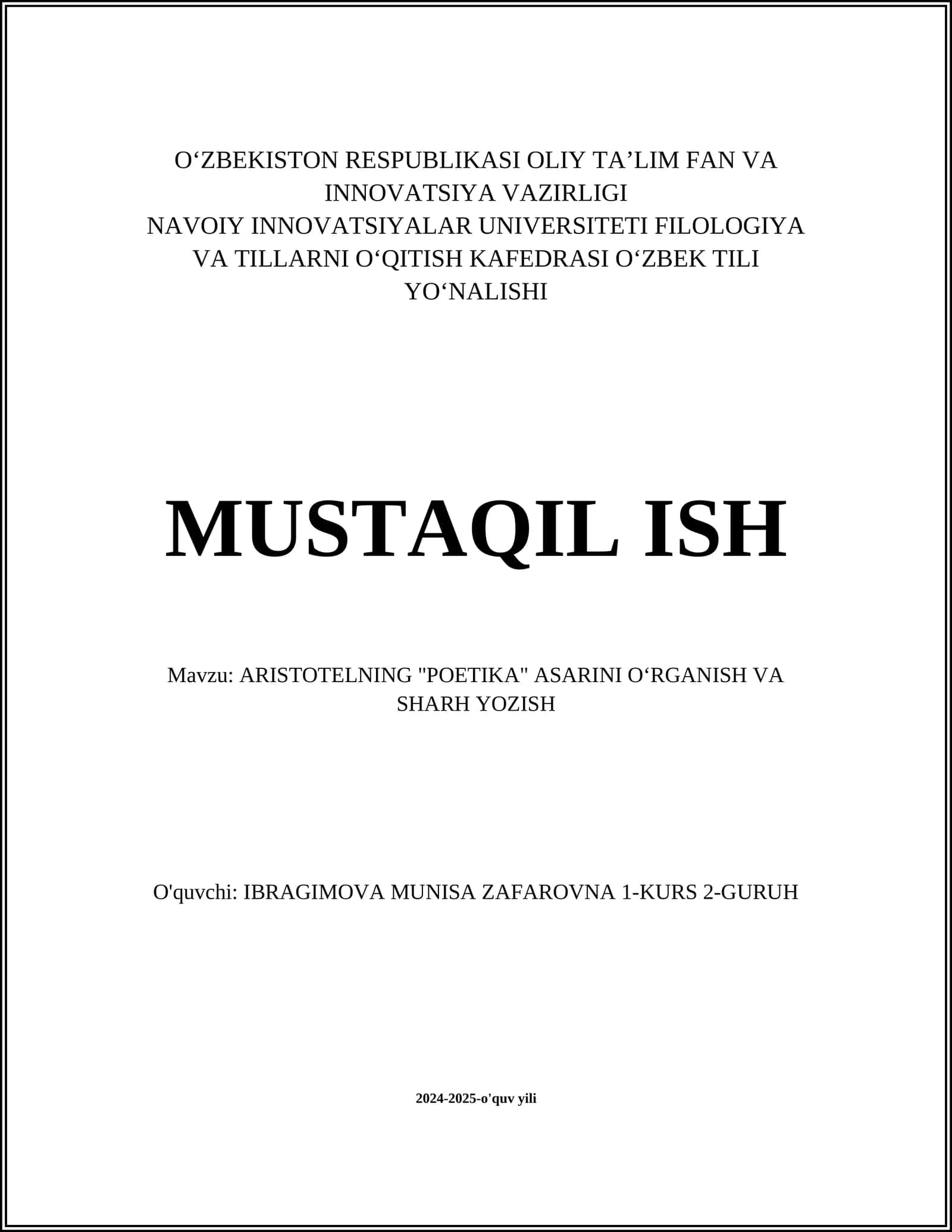 ARISTOTELNING "POETIKA" ASARINI OʻRGANISH VA SHARH YOZISH