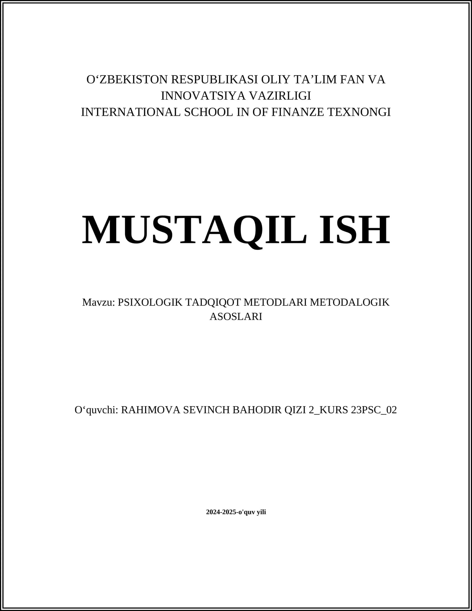 PSIXOLOGIK TADQIQOT METODLARI METODALOGIK ASOSLARI