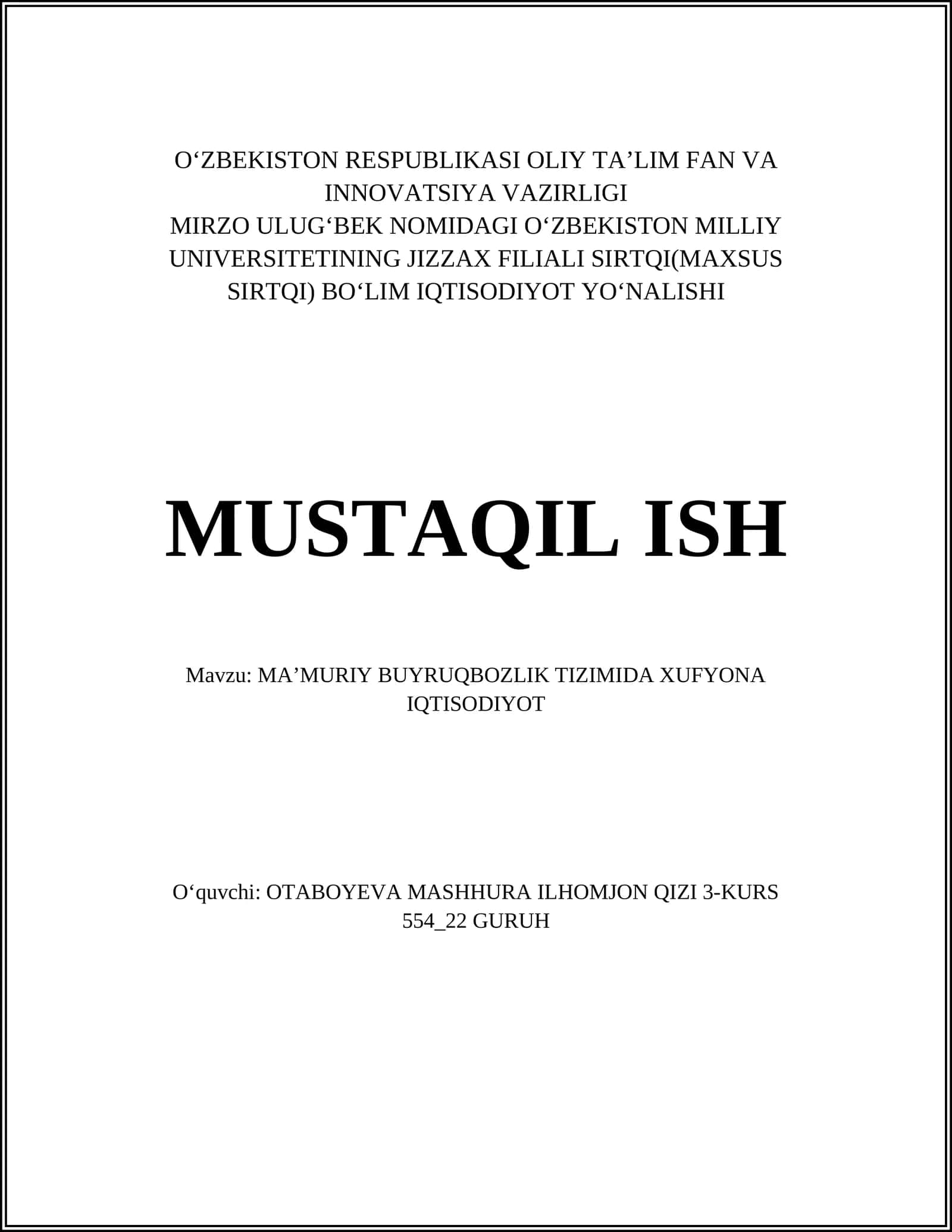 MA'MURIY BUYRUKBOZLIK TIZIMIDA XUFYONA IQTISODIYOT