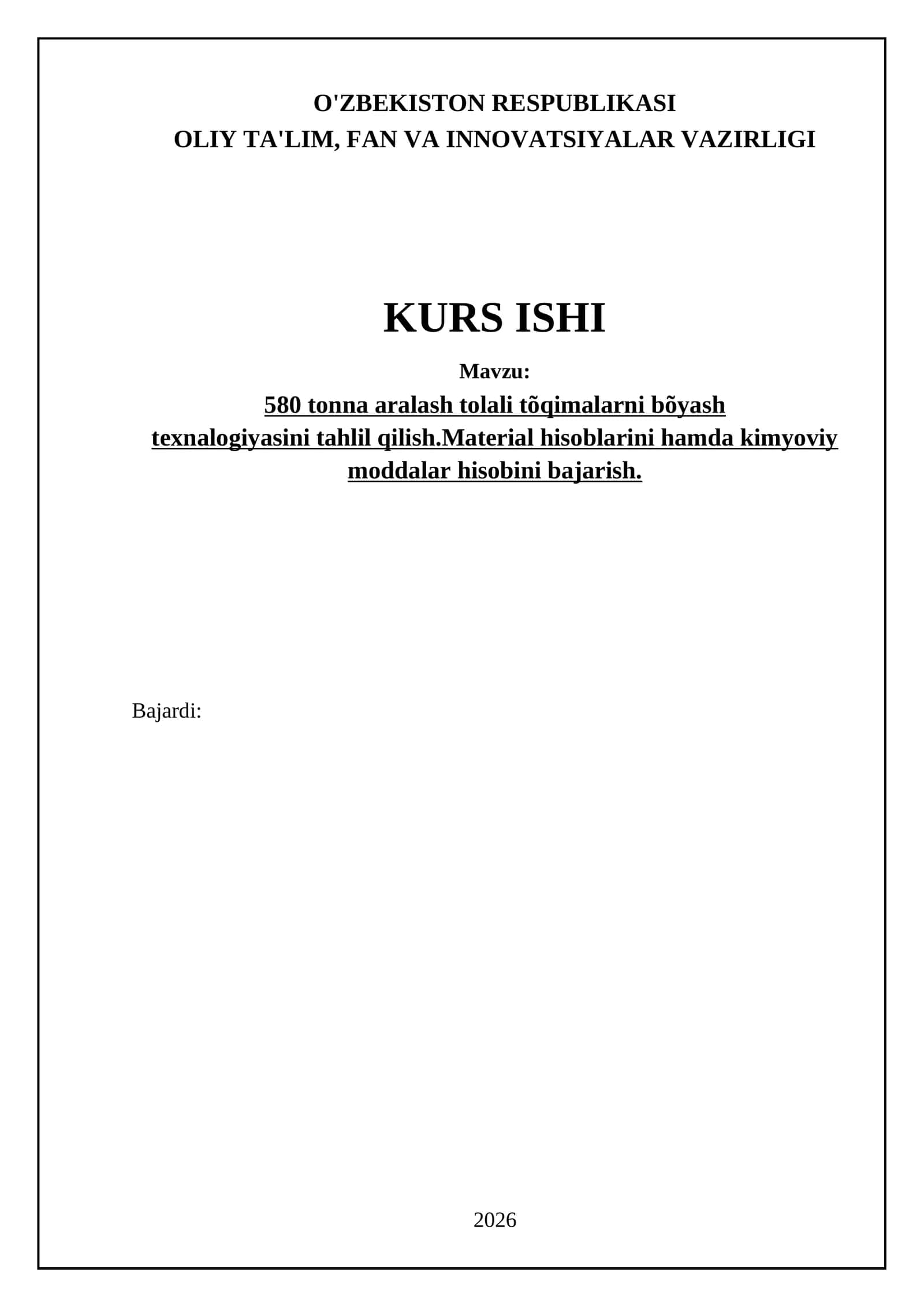 580 tonna aralash tolali tõqimalarni bõyash texnalogiyasini tahlil qilish.Material hisoblarini hamda kimyoviy moddalar hisobini bajarish