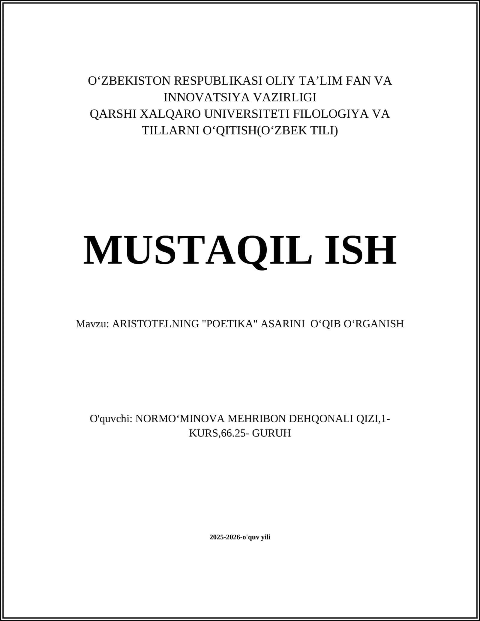 ARISTOTELNING "POETIKA" ASARINI OʻQIB OʻRGANISH