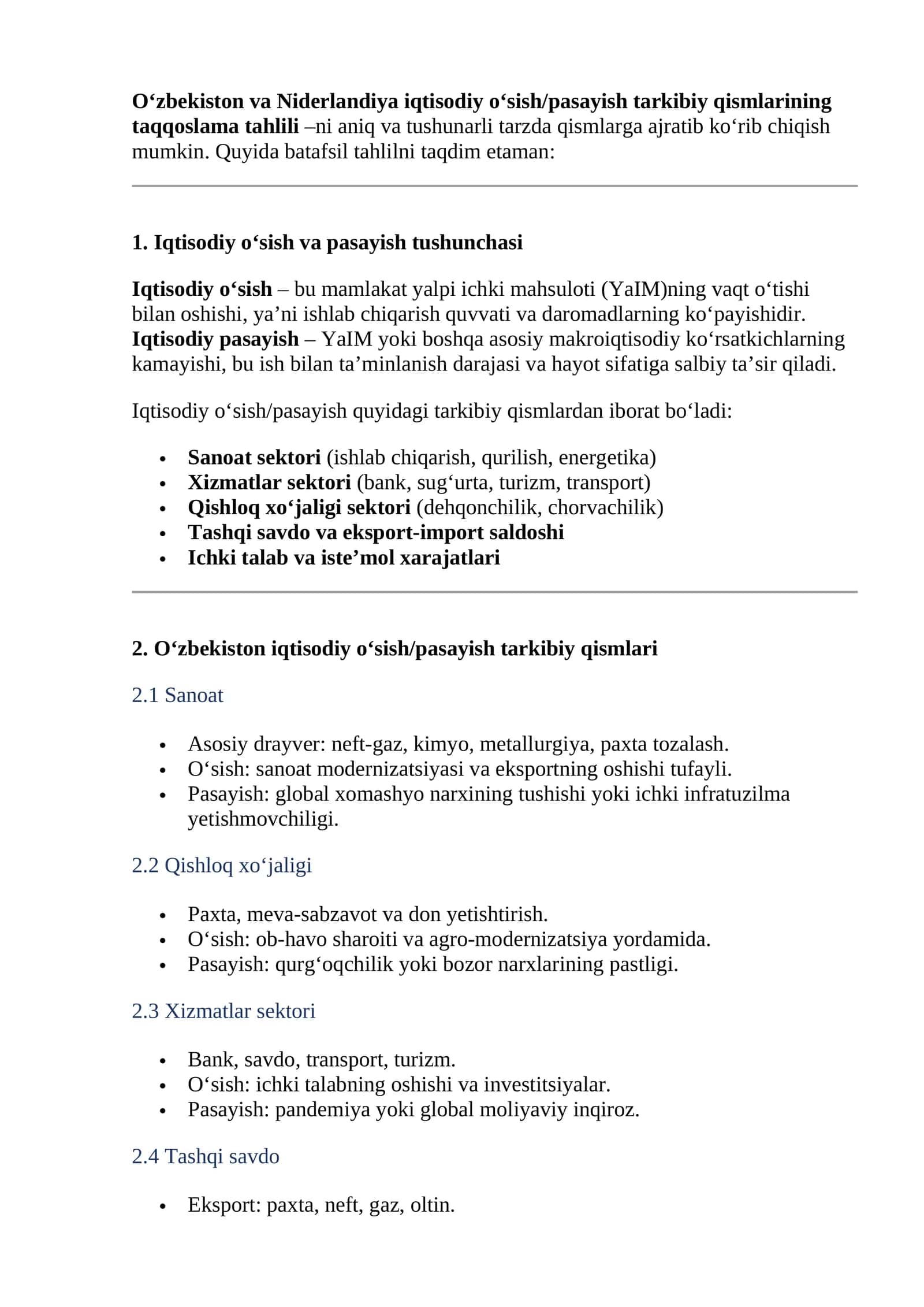 O'zbekiston va Niderlandiya iqtisodiy o‘sish/pasayish tarkibiy qismlarining taqqoslama tahlili