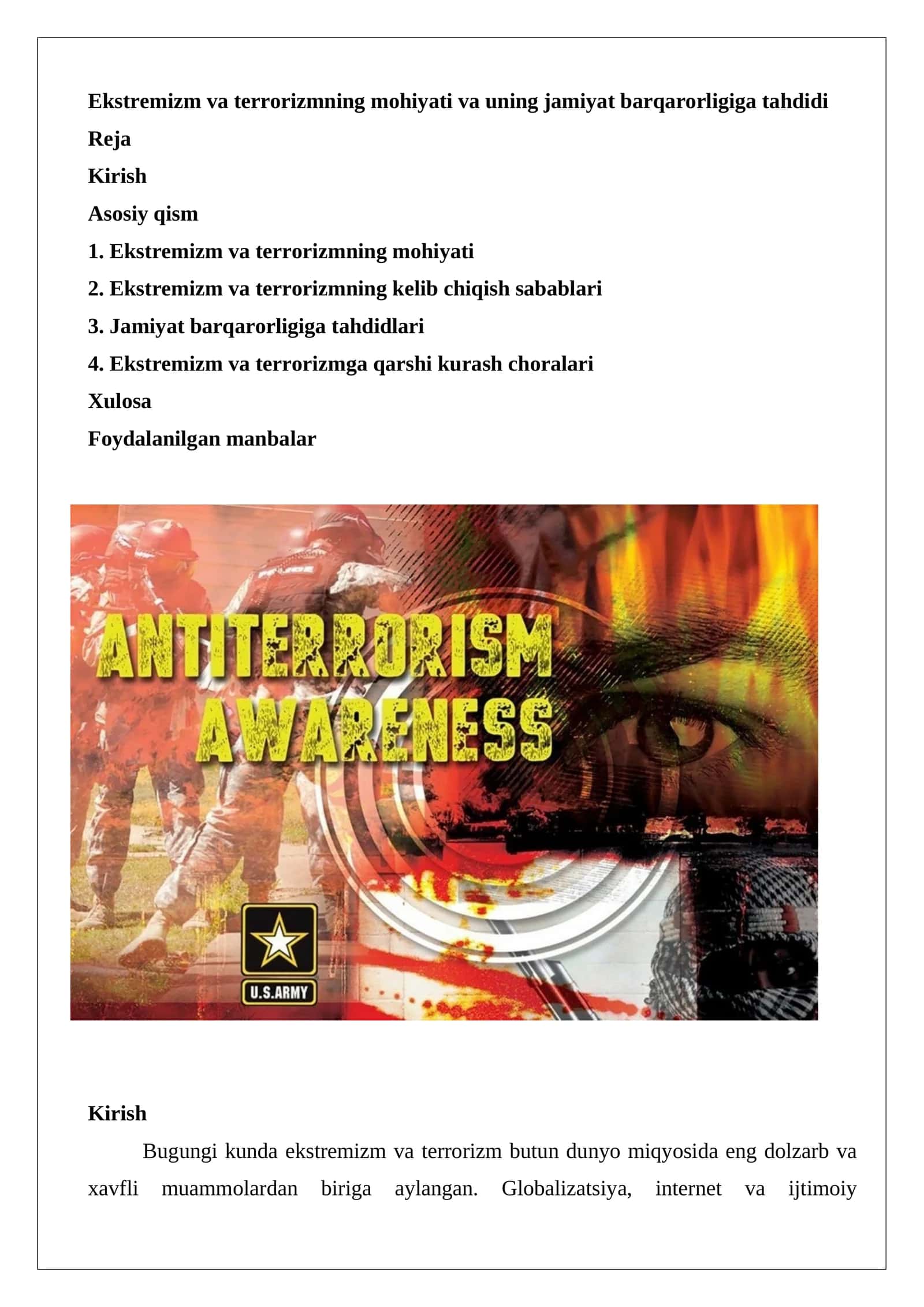 Ekstremizm va terrorizmning mohiyati va uning jamiyat barqarorligiga tahdidi