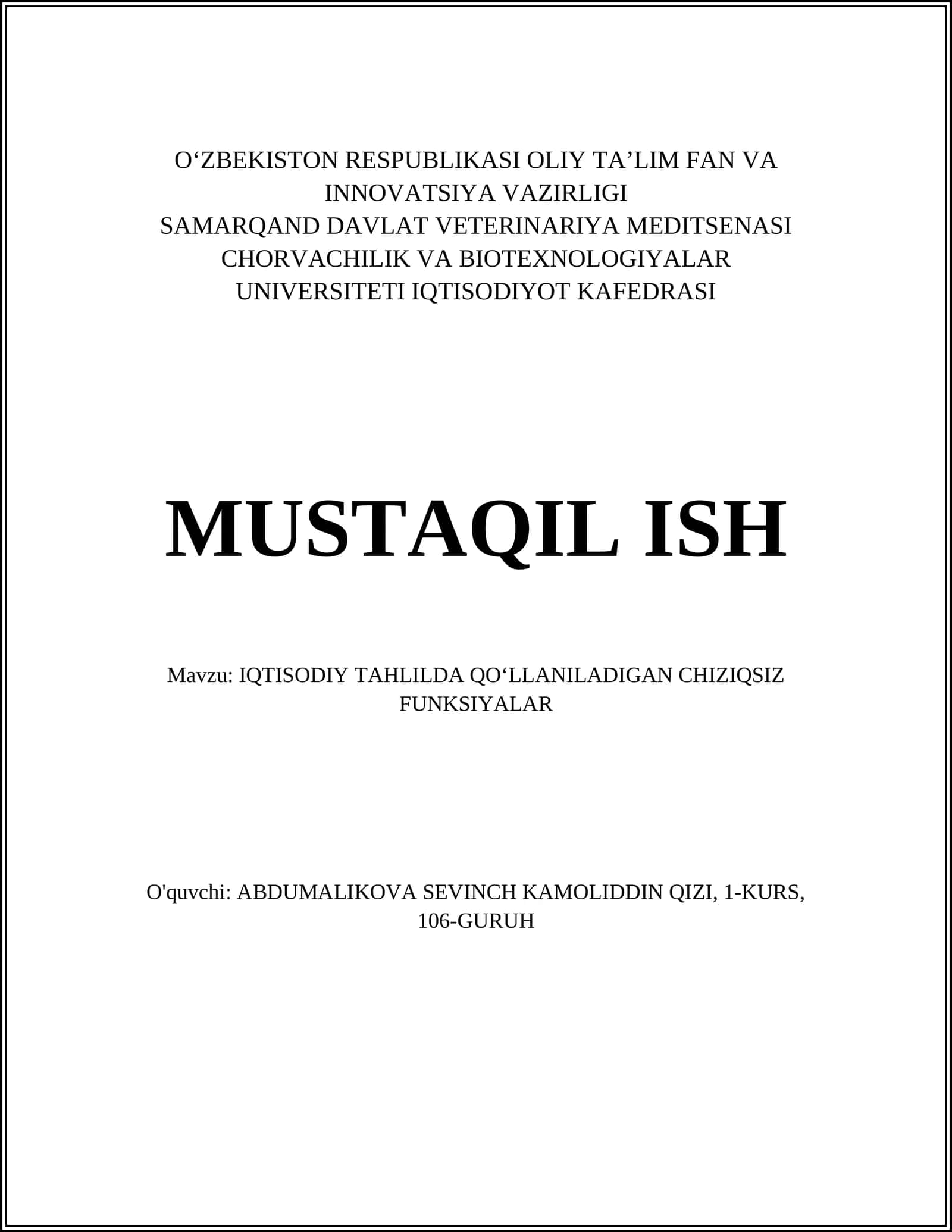 IQTISODIY TAHLILDA QOʻLLANILADIGAN CHIZIQSIZ FUNKSIYALAR