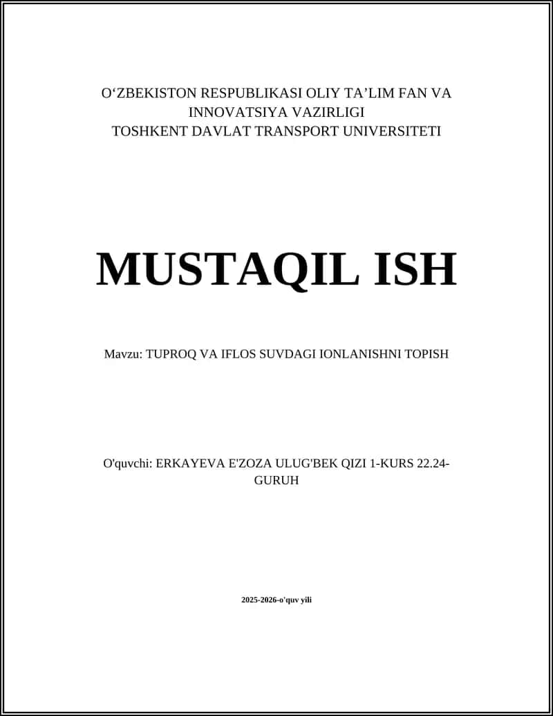 TUPROQ VA IFLOS SUVDAGI IONLANISHNI TOPISH