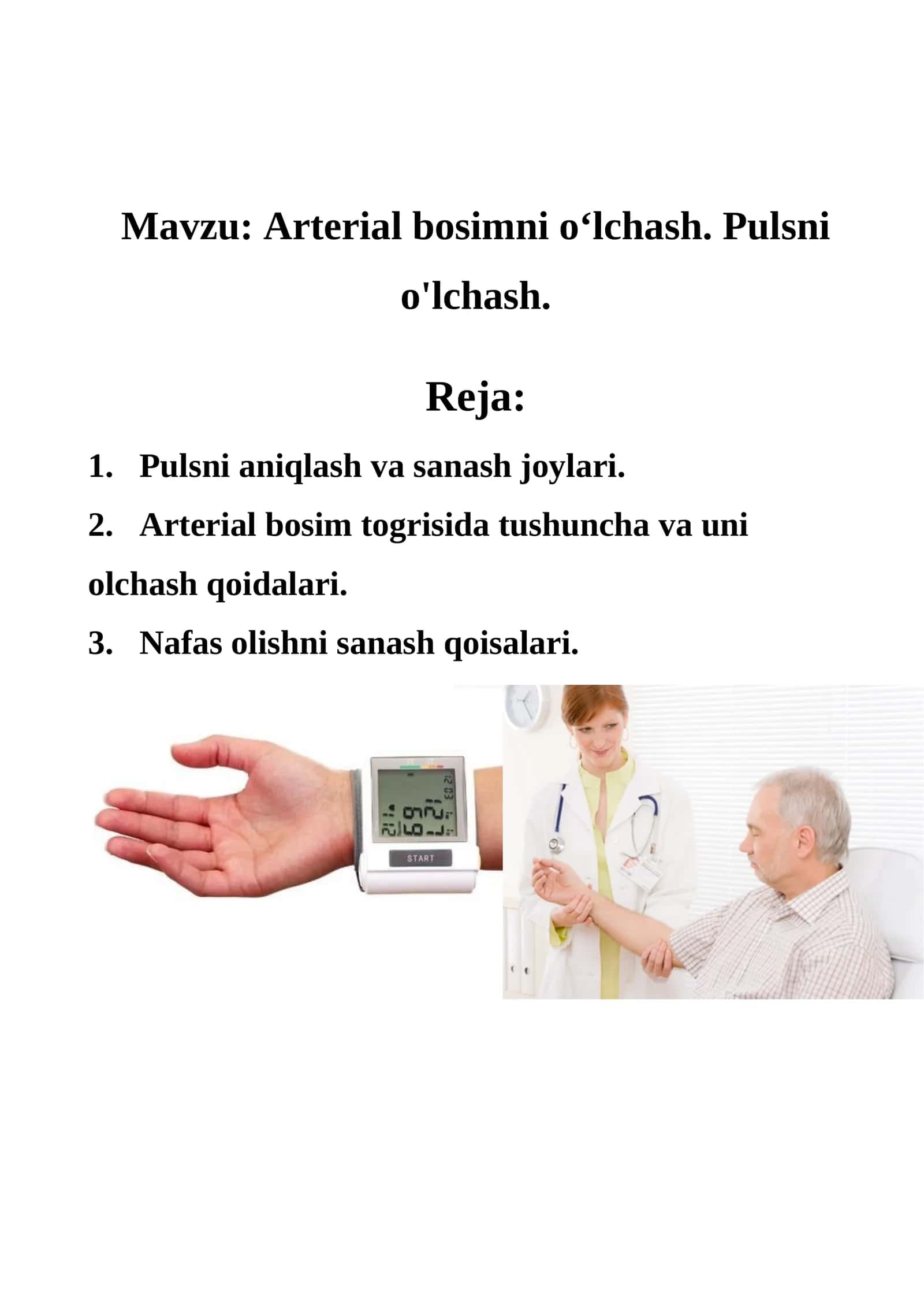 Arterial bosimni o‘lchash. Pulsni o'lchash