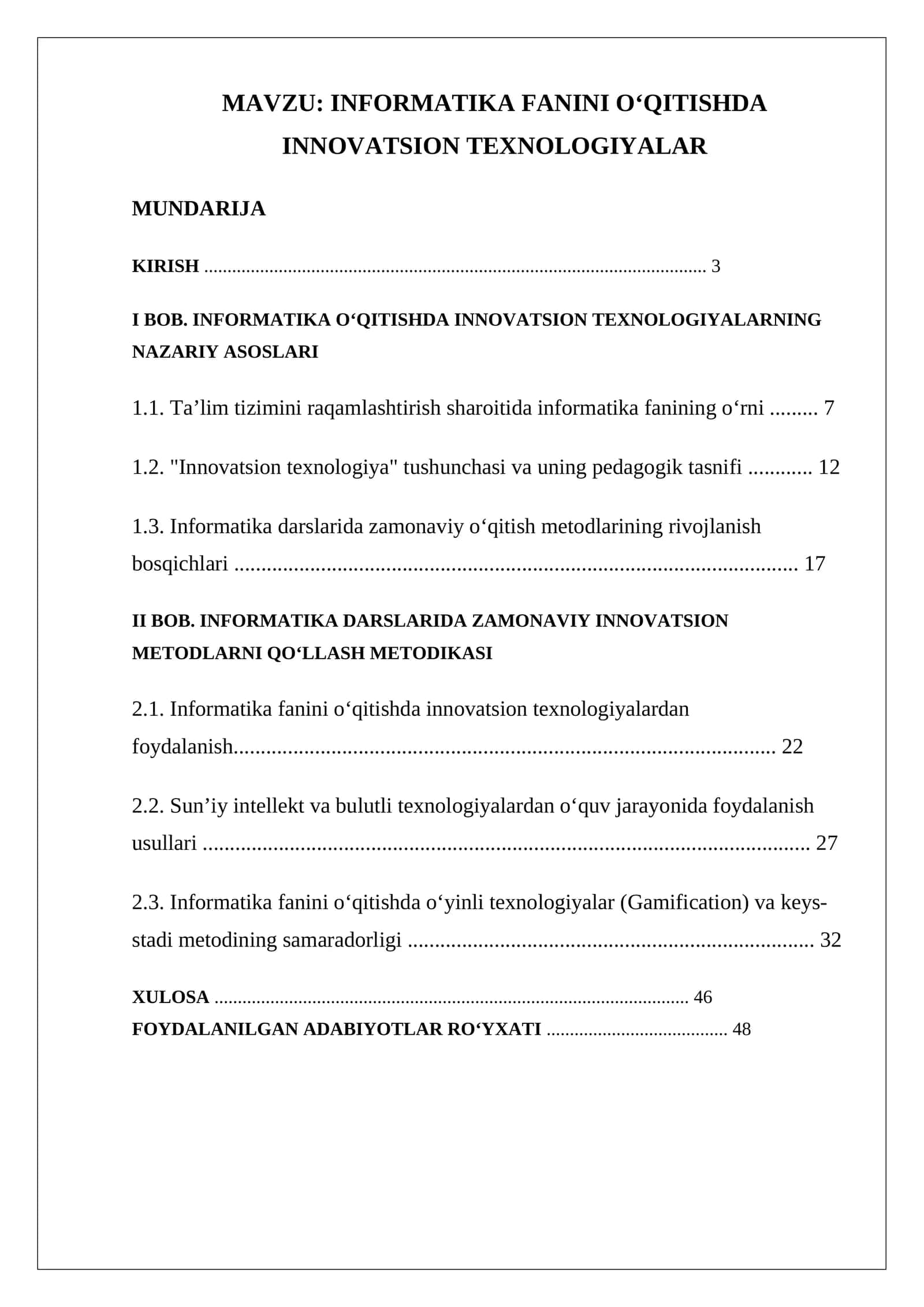 INFORMATIKA FANINI O‘QITISHDA INNOVATSION TEXNOLOGIYALAR